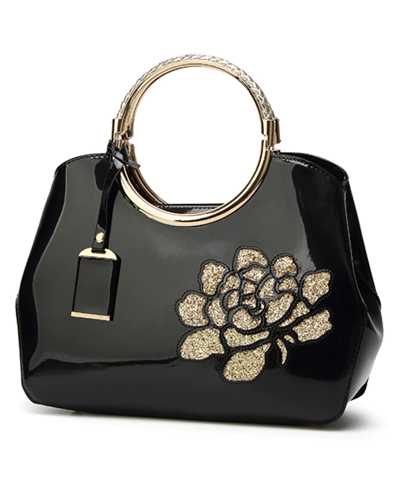 SYGA Women's Glossy Patent Leather Handbag With Flower Design (Black)-image-5