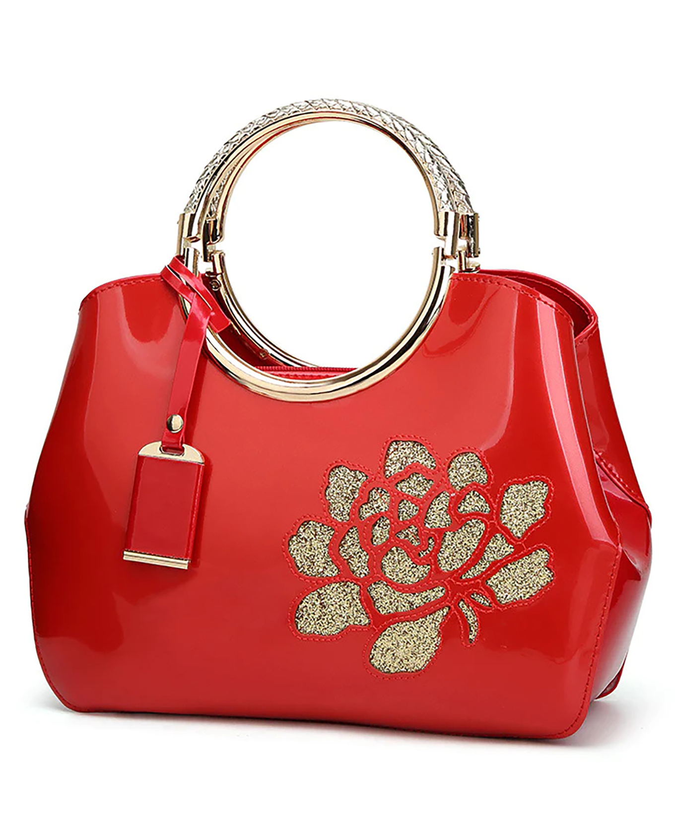 SYGA Women's Glossy Patent Leather Handbag With Flower Design (Red)-image-3