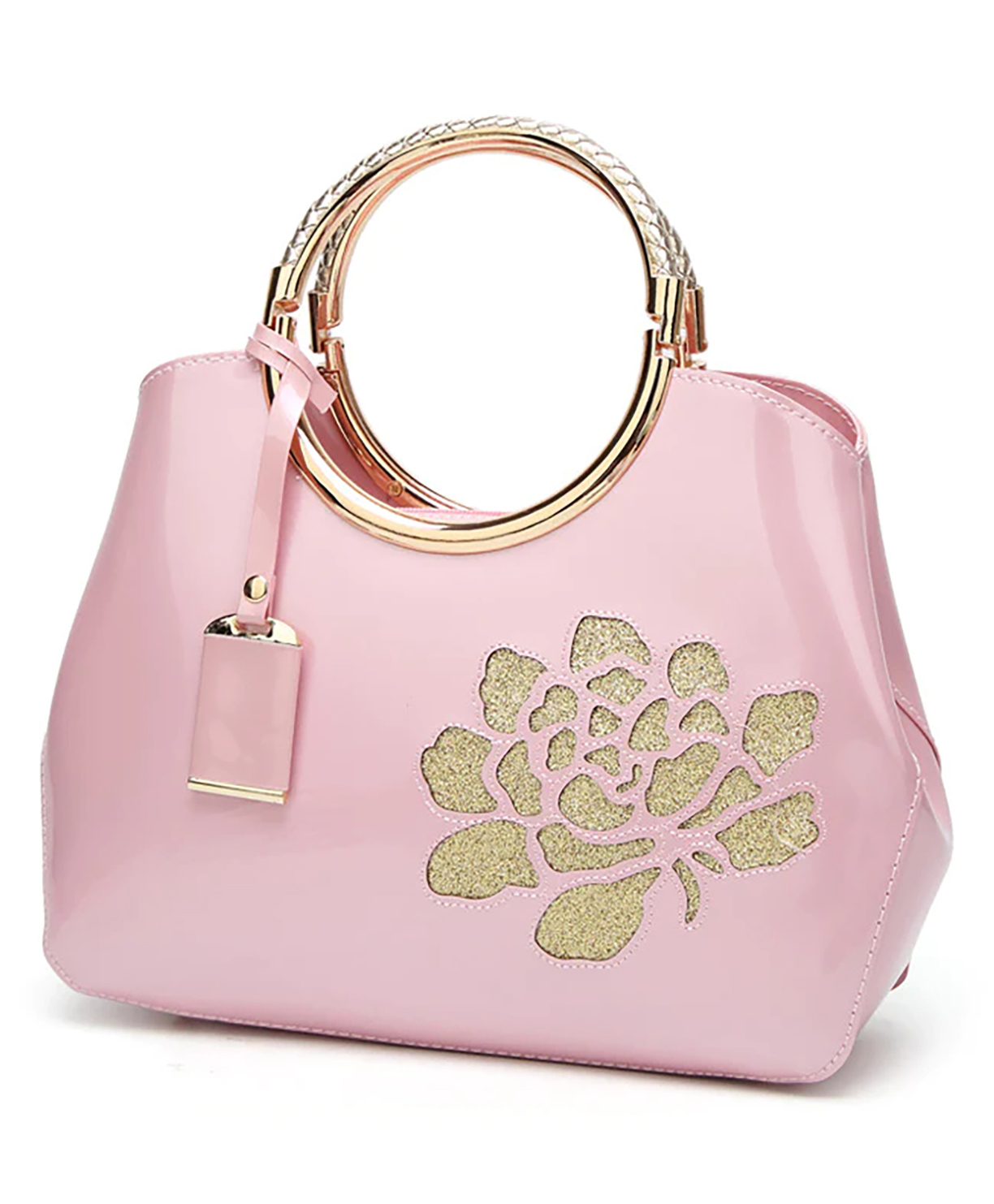 SYGA Women's Glossy Patent Leather Handbag With Flower Design (Pink)-image-3