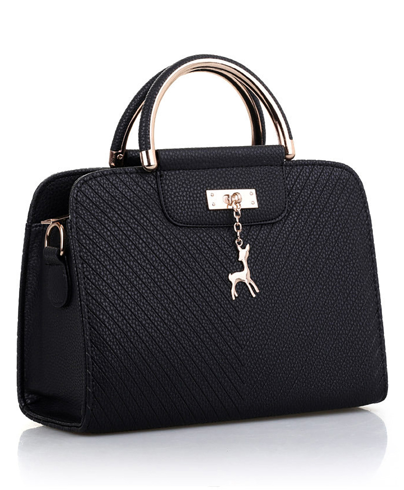 SYGA Women's Handbag Corrugated Fawn Pendant Cute Shoulder Bag Fashionable Style Crossbody Bag(Black)