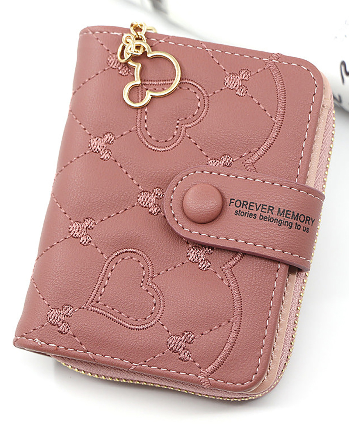 SYGA Women'S Short Zipper Buckle Heart Shaped Wallet with Key Chain, Cute for Girls Pu Leather Wallet Coin & Card Purse(Mickey Pink)-image-44