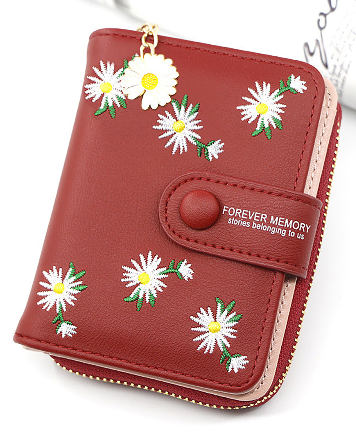 SYGA Women'S Short Zipper Buckle Personalized Pu Leather Wallet Coin & Card Purse(Flower Red)-image-5