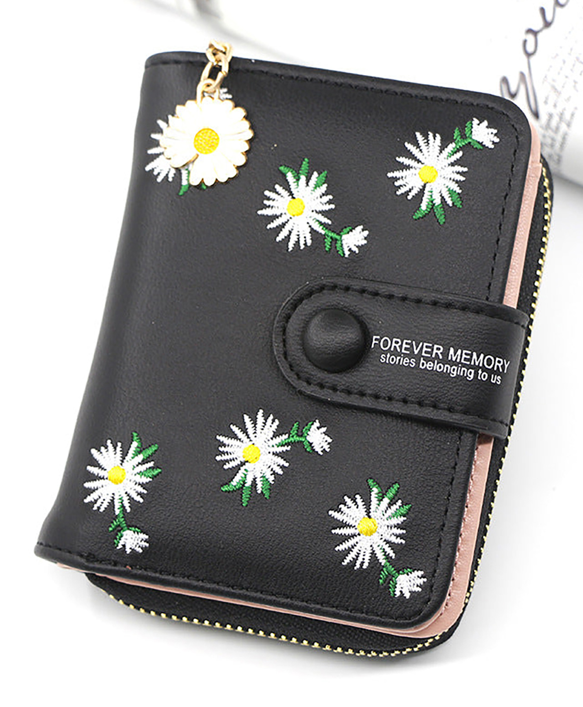 SYGA Women'S Short Zipper Buckle Personalized Pu Leather Wallet Coin & Card Purse(Flower Black)-picture-15