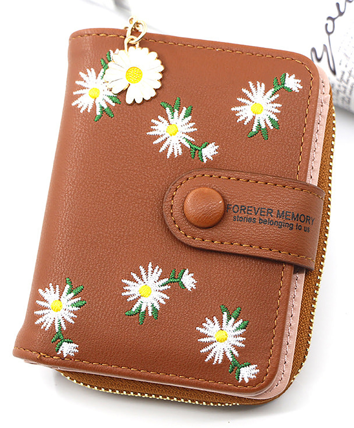 SYGA Women'S Short Zipper Buckle Personalized Pu Leather Wallet Coin & Card Purse(Flower Brown)-image-6