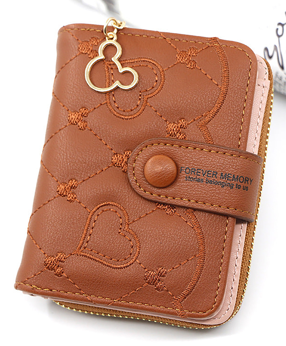 SYGA Women'S Short Zipper Buckle Heart Shaped Wallet with Key Chain, Cute for Girls Pu Leather Wallet Coin & Card Purse(Mickey Brown)-picture-22