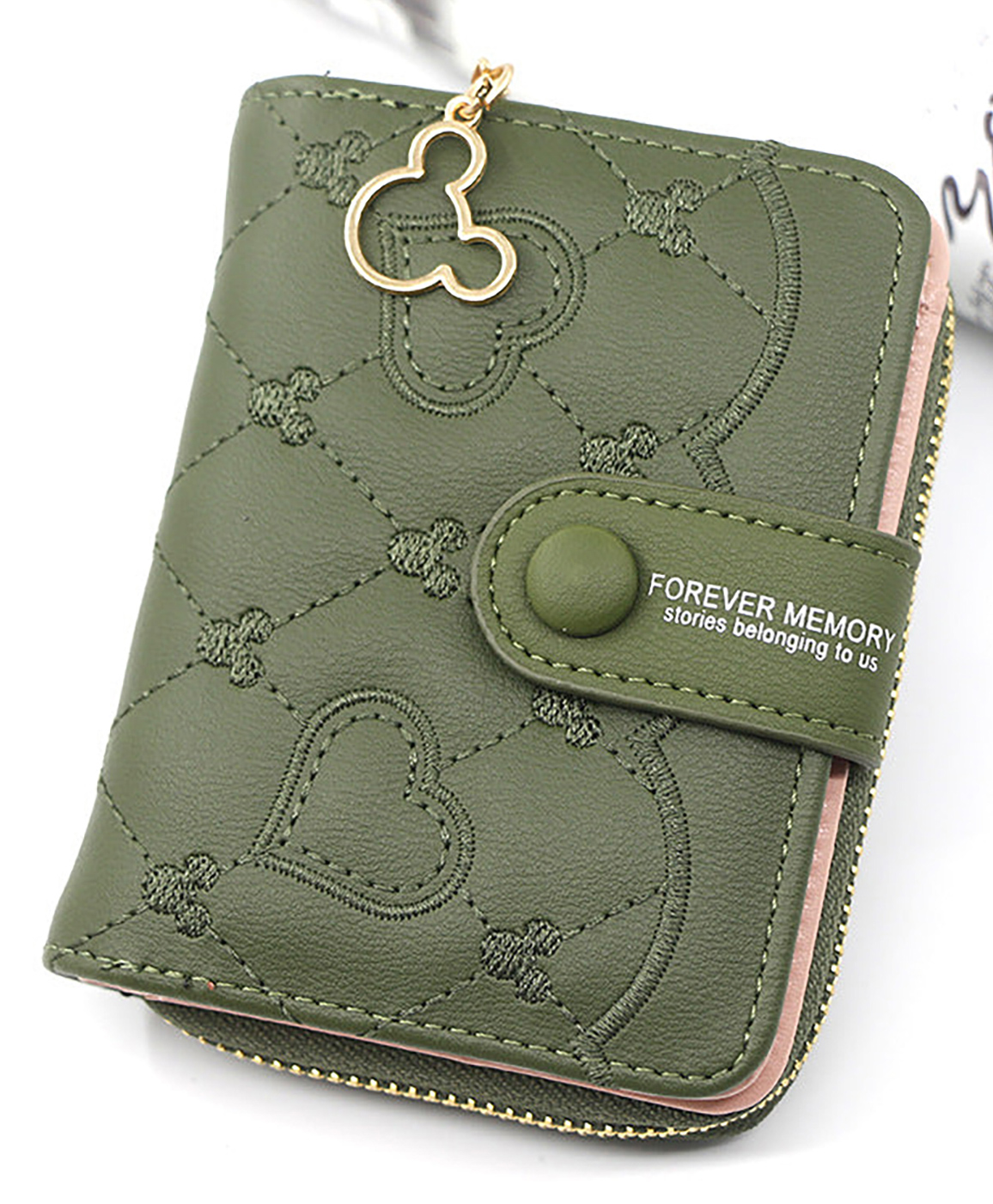 SYGA Women'S Short Zipper Buckle Heart Shaped Wallet with Key Chain, Cute for Girls Pu Leather Wallet Coin & Card Purse(Mickey Green)-picture-14