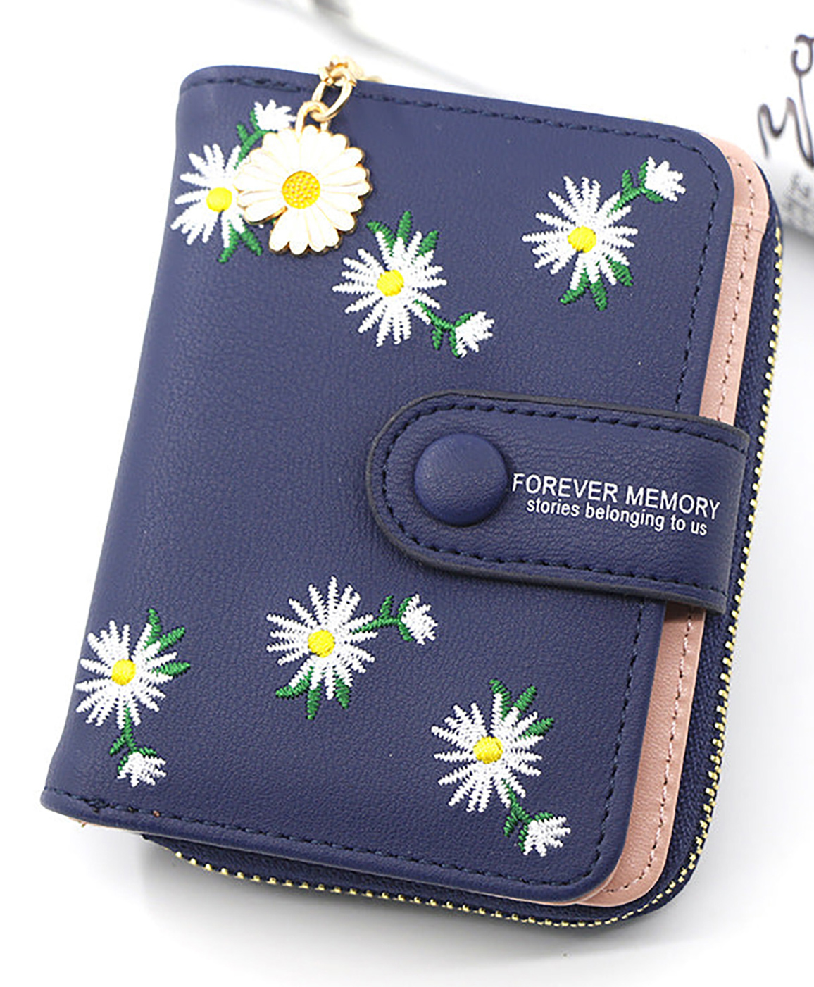 SYGA Women'S Short Zipper Buckle Personalized Pu Leather Wallet Coin & Card Purse(Flower Blue)-image-2