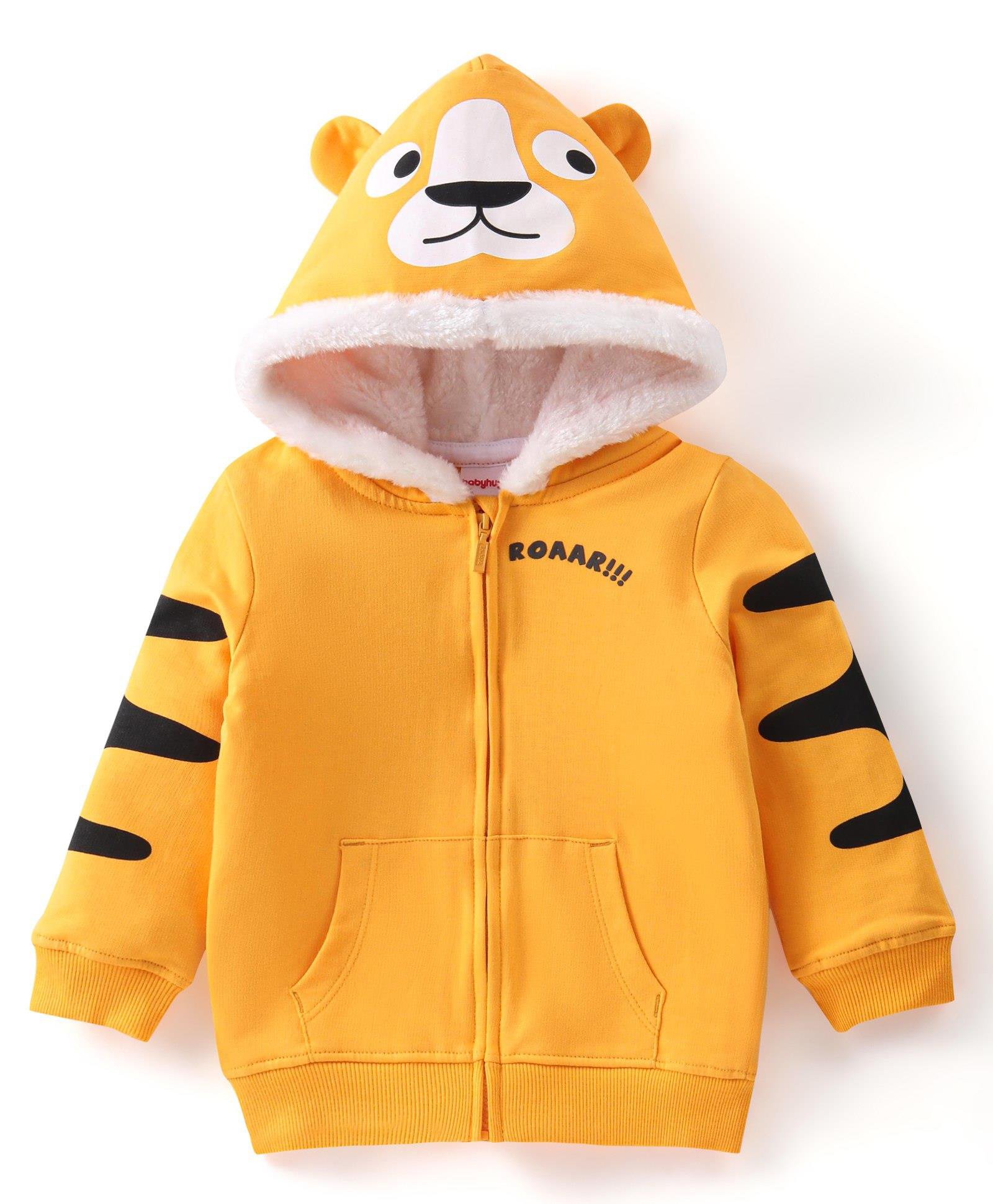 Babyhug Full Sleeve Front Open Hooded Sweat Jacket with Animal Print & Ears Applique - Yellow-image-27