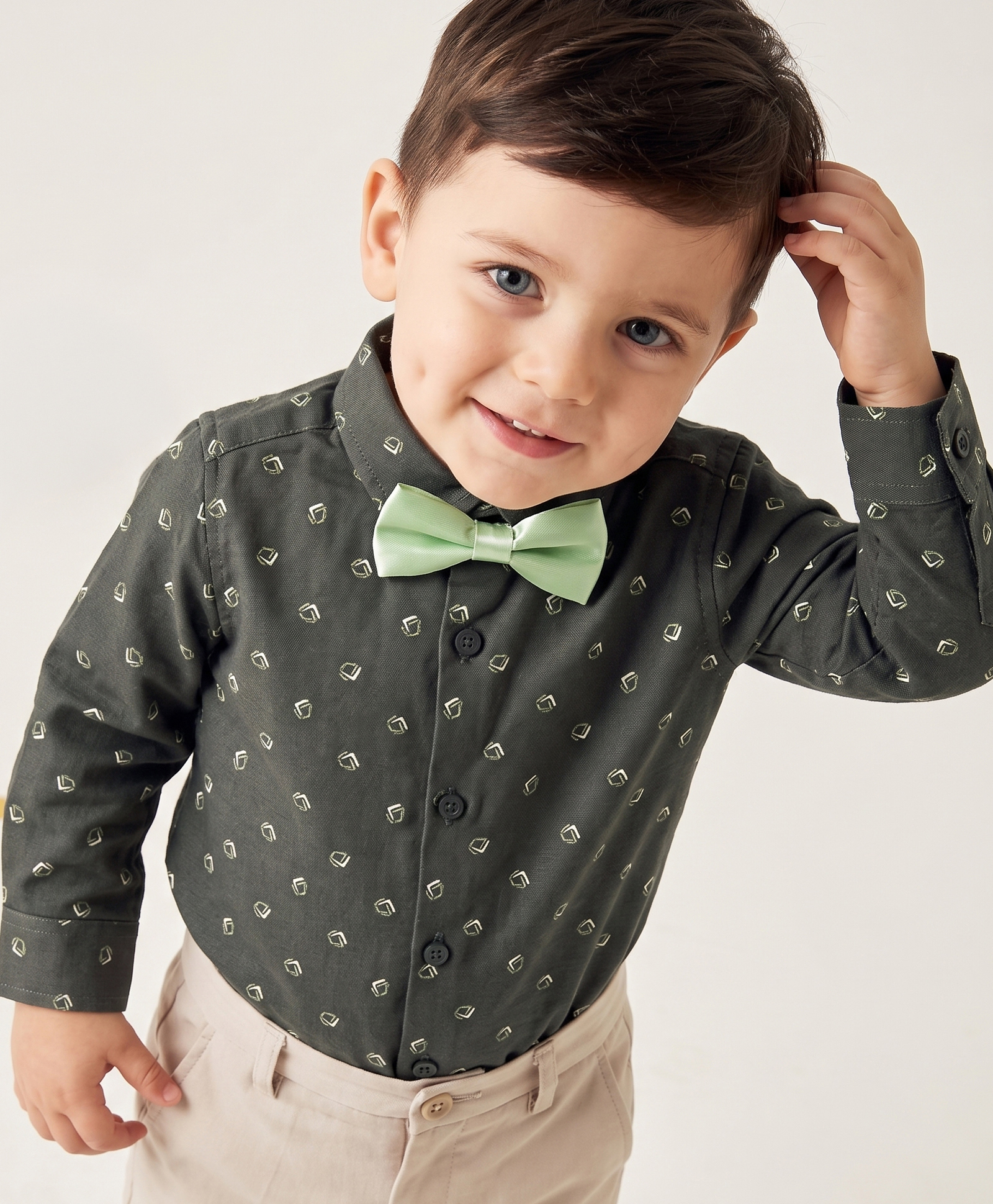 Babyoye Cotton Woven Full Sleeves Printed Party Shirt With Bow - Olive Green-picture-28