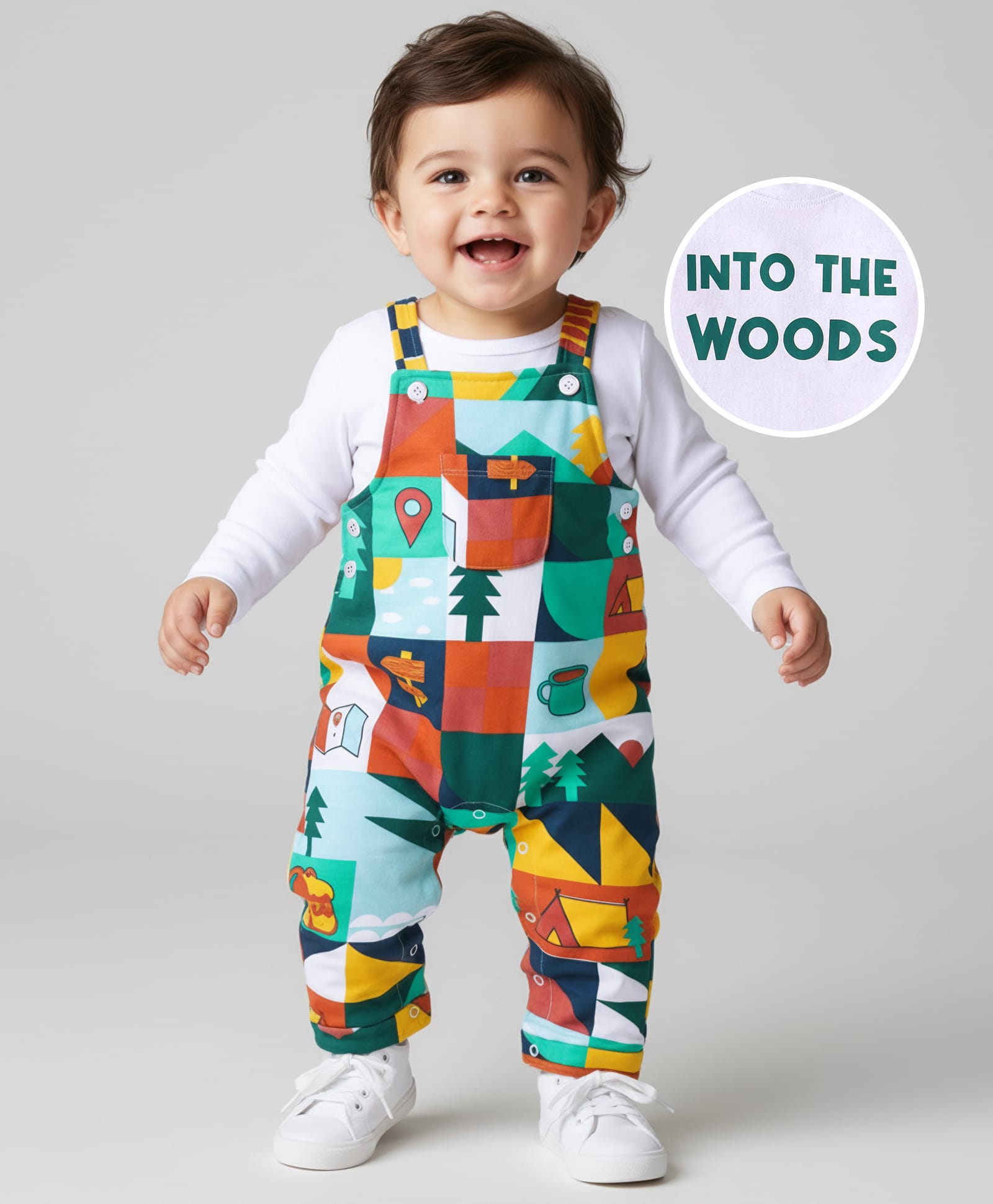 Babyhug Single Jersey Knit Full Sleeves Solid T-Shirt & Dungaree Style Romper with Jungle Theme Print - White & Green-image-44