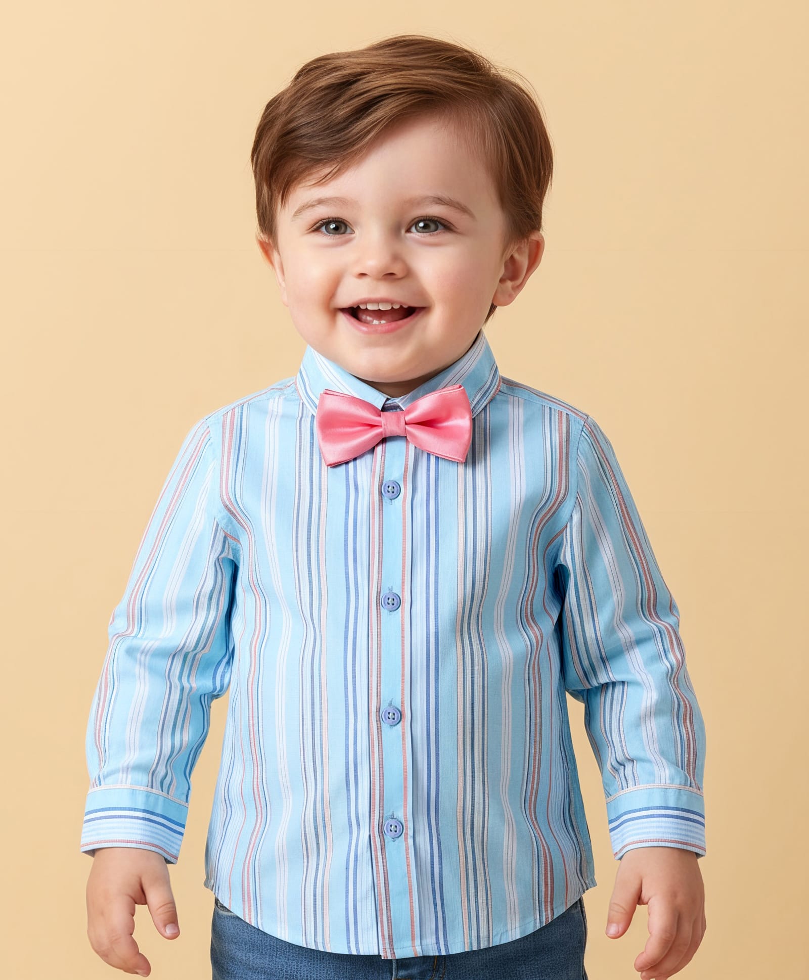 Babyoye 100% Cotton Knit Full Sleeves Striped Party Shirt with Bow - Light Blue-picture-21