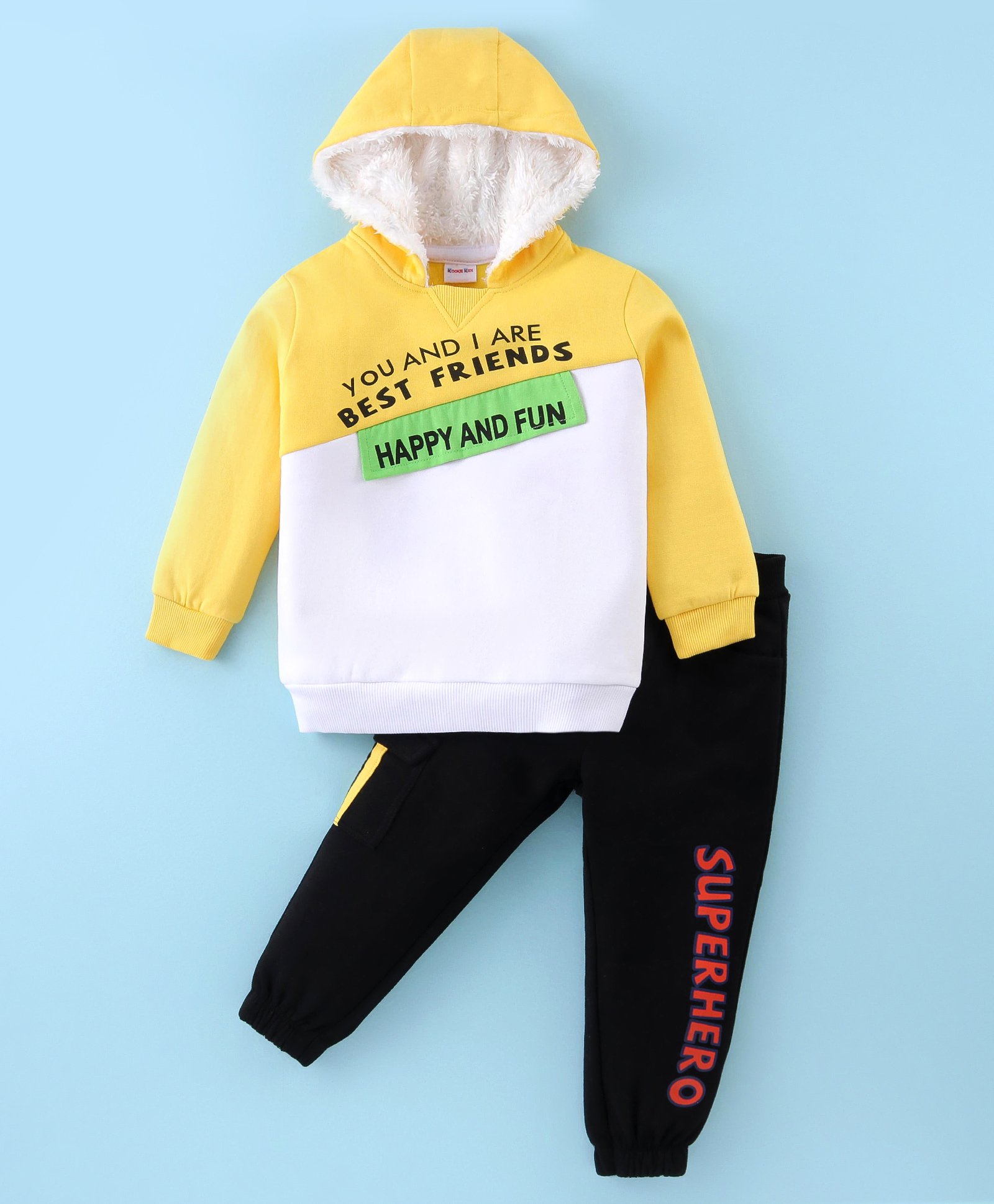 Kookie Kids Full Sleeves Winter Wear Cut & Sew Hooded Sweatshirt & Lounge Pant TextPrint- Yellow-picture-37