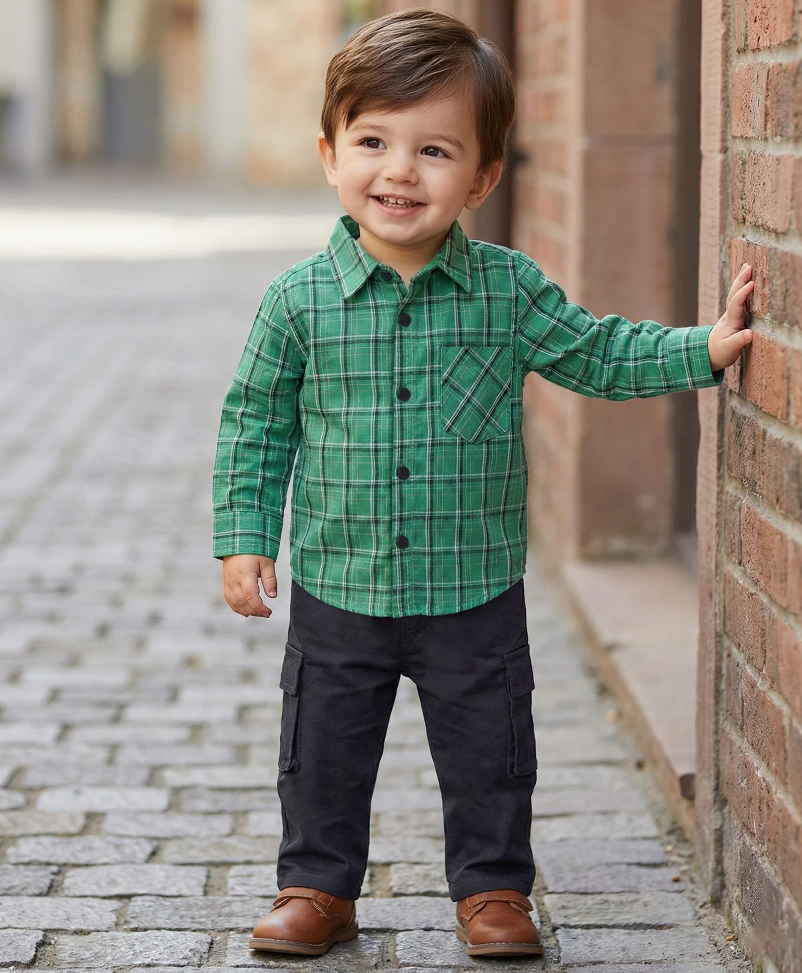 Babyoye Cotton Woven Full Sleeves Checkered Party Shirt & Trouser Set - Green-image-48