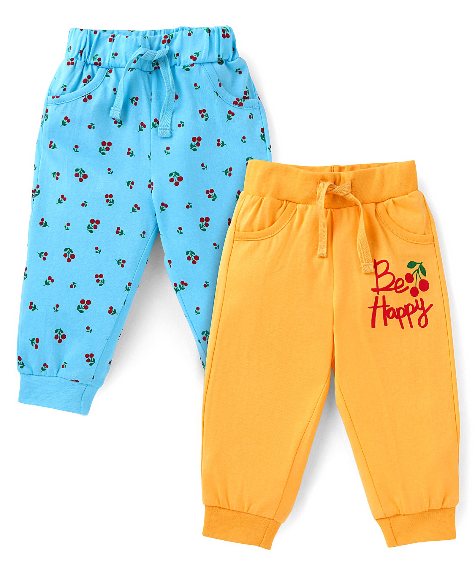 doodle poodle single jersey knit full length lounge pants with text & cherries print pack of 2 - light blue & yellow