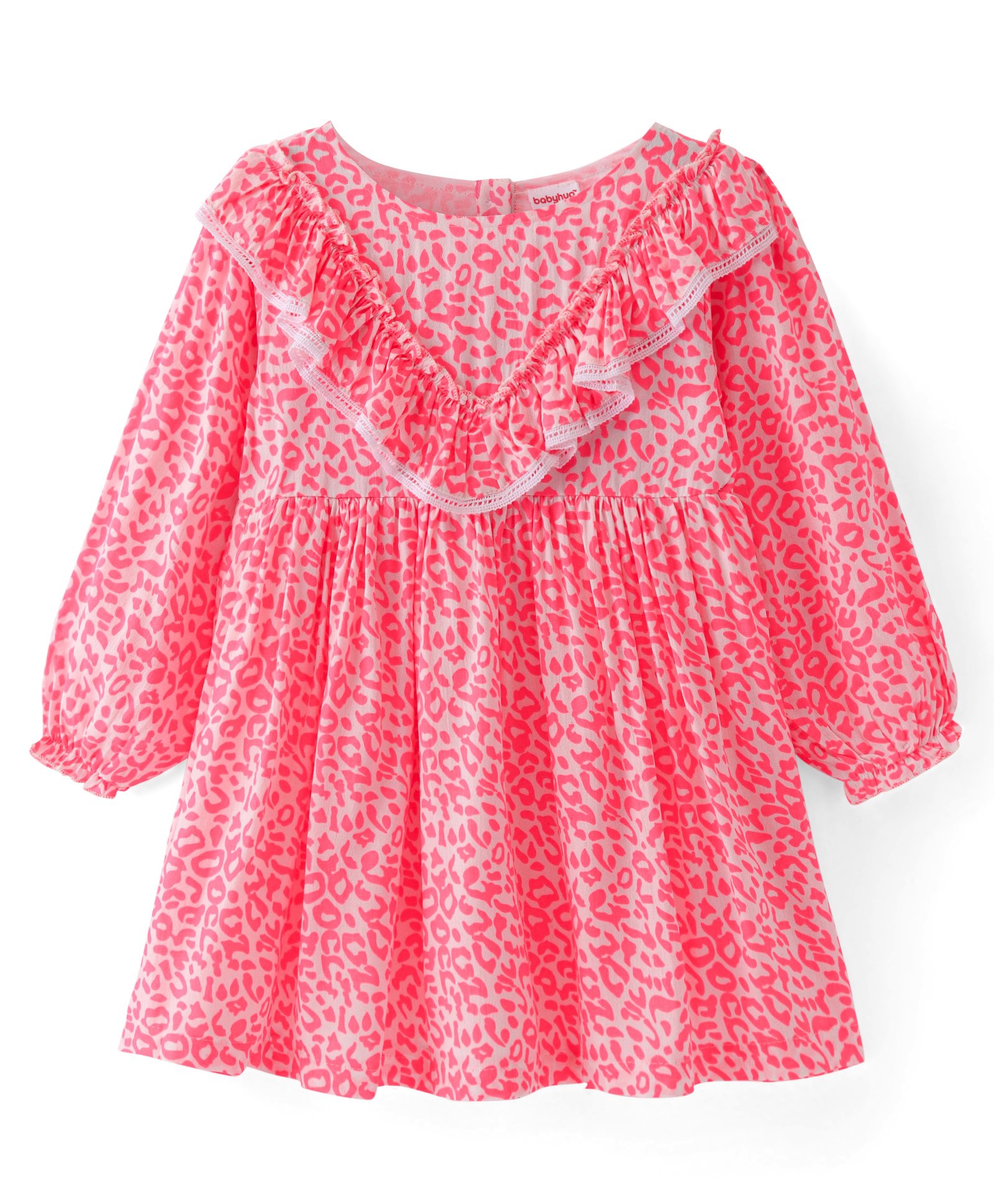 Babyhug Full Sleeves Printed Frock with Frill Detailing- Pink-image-1