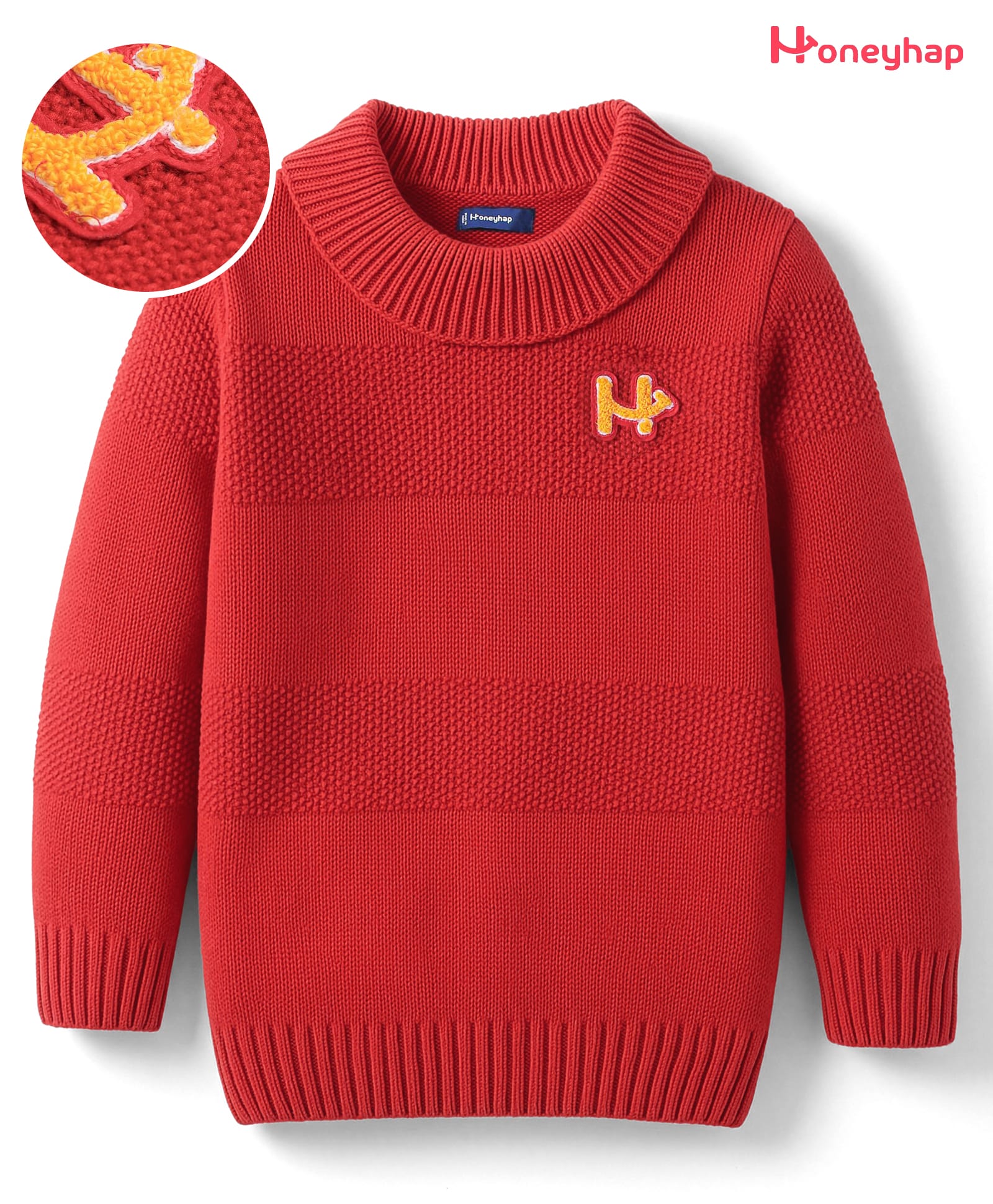 Honeyhap Premium Knitted Full Sleeves Textured Pullover Sweater with Chenille Logo- Rust Brown-image-29