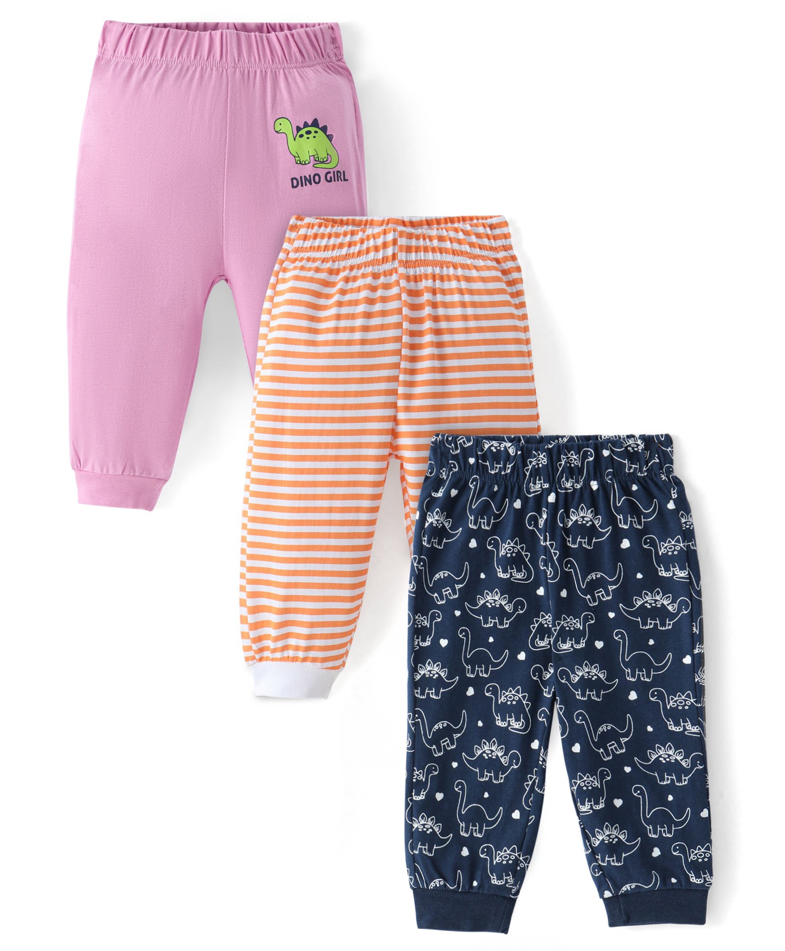 Doodle Poodle Single Jersey Knit Full Length Lounge Pants With Stripes & Dinosaurs Print Pack Of 3 - Pink Orange & Navy-picture-30