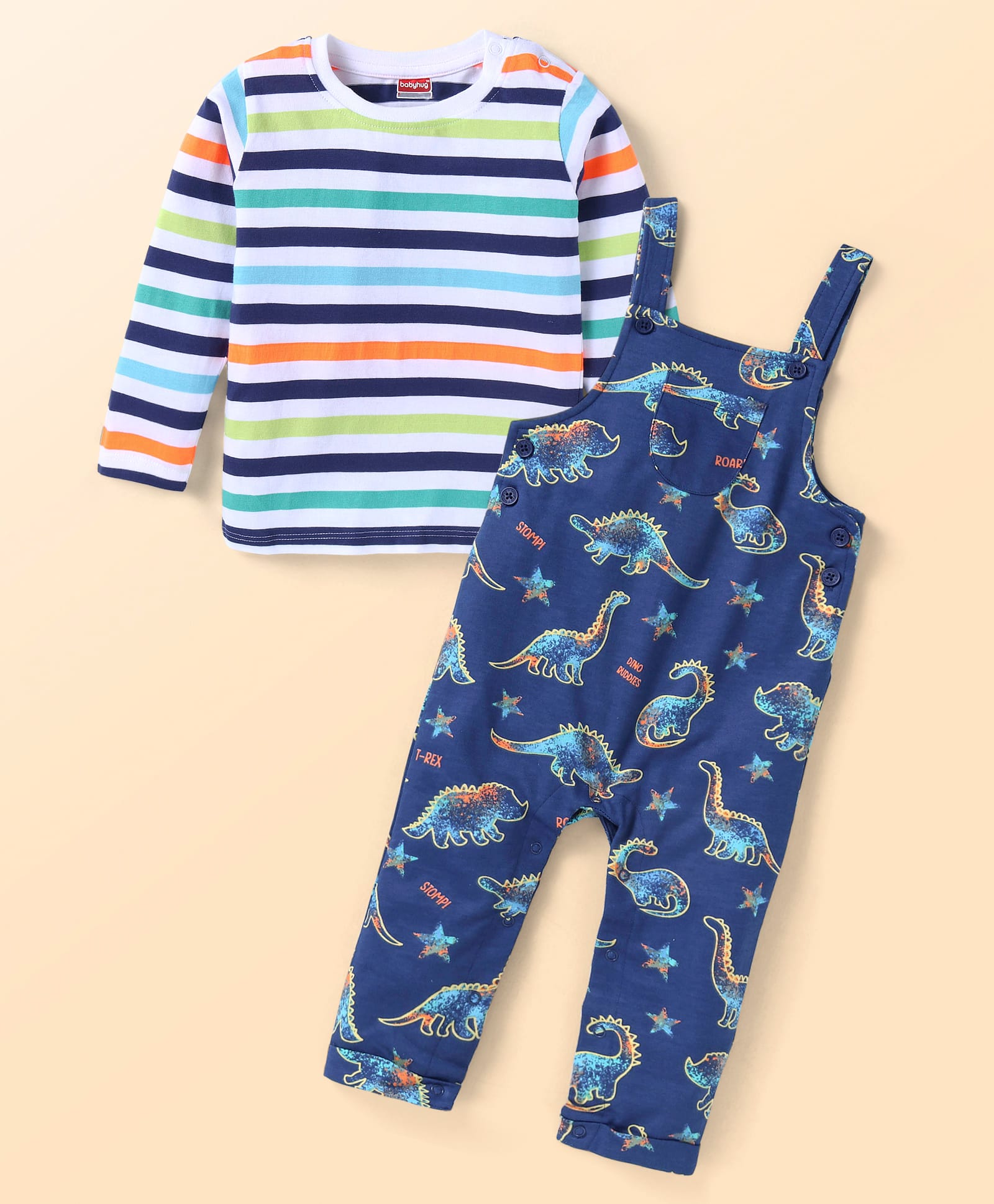 Babyhug Single Jersey Knit Full Sleeves StripedT-Shirt & Dino PrintedDungaree - Navy Blue