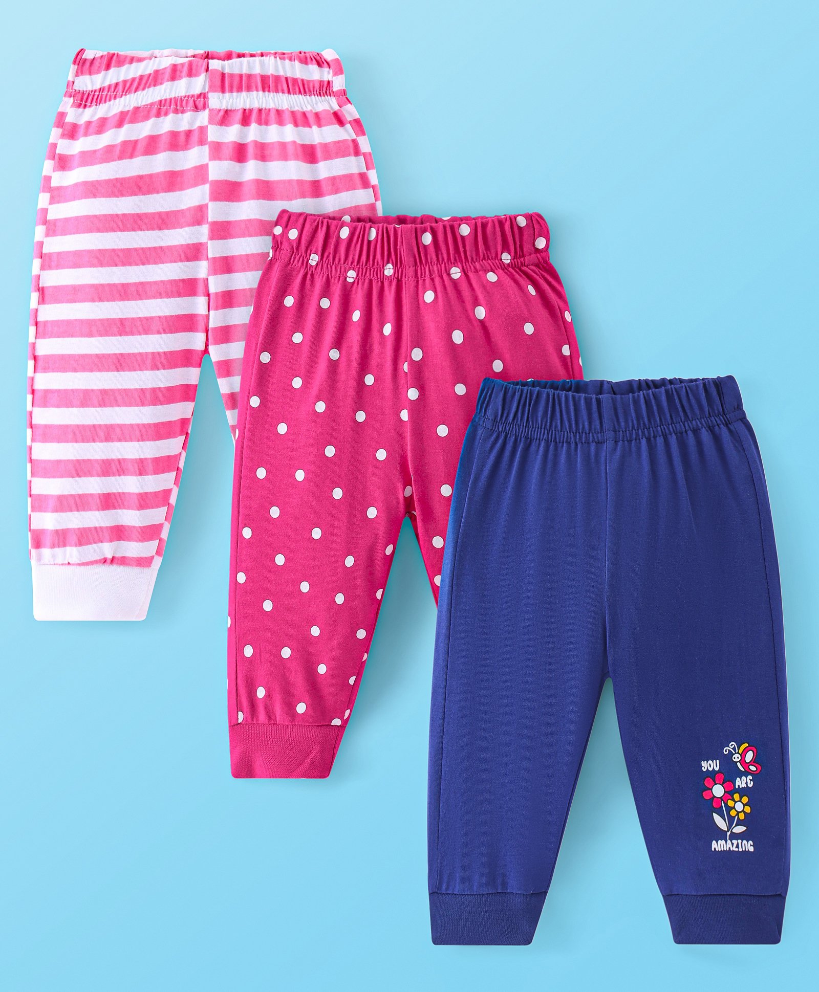 Doodle Poodle  Cotton Single Jersey Knit Full Length Lounge Pant Polka Dots & Floral Print Pack of 3 - Pink & Blue-picture-21