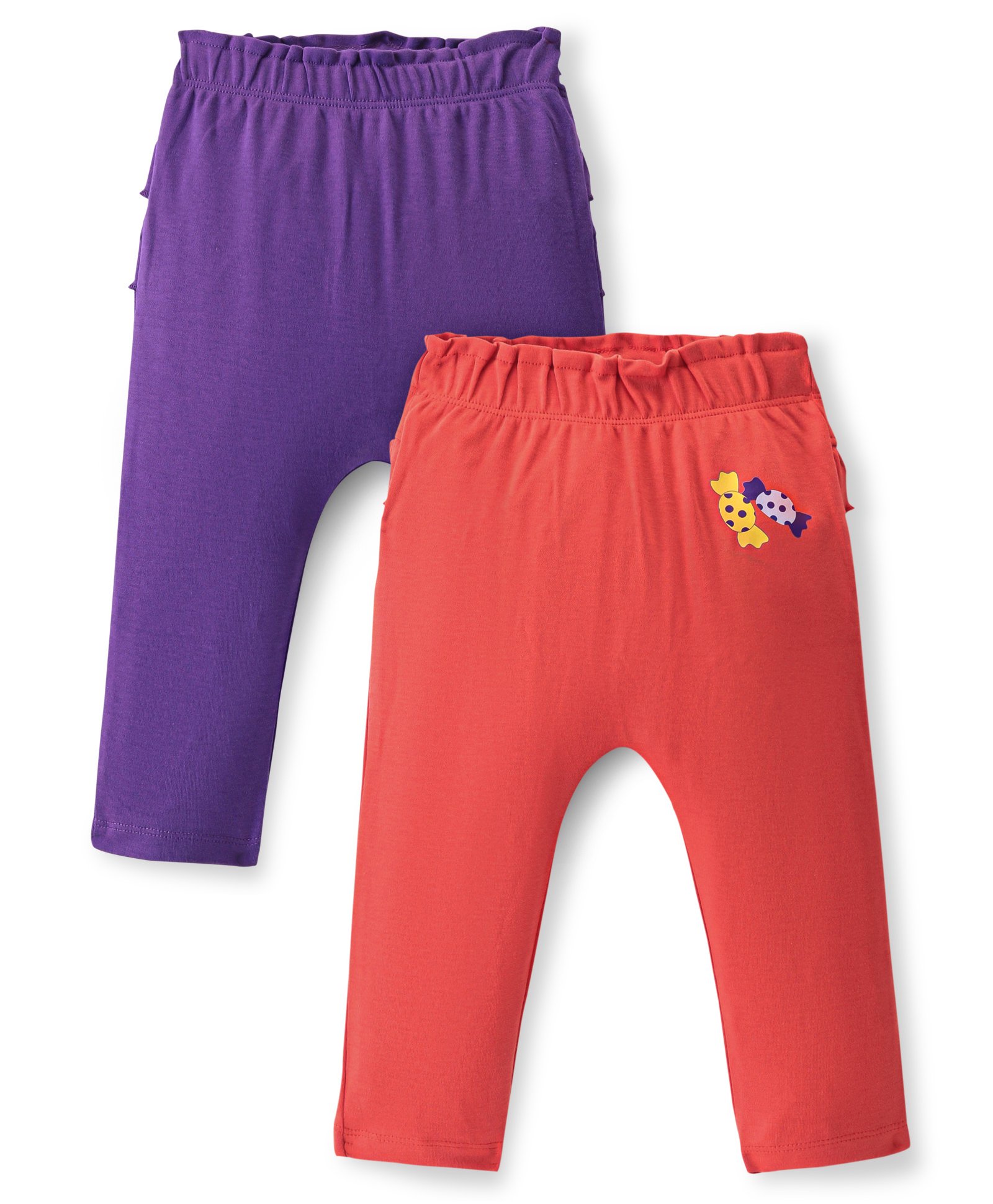 Babyoye 100% Cotton Knit Full Length Diaper Leggings with Candy Print Pack of 2 - Orange & Purple-image-8