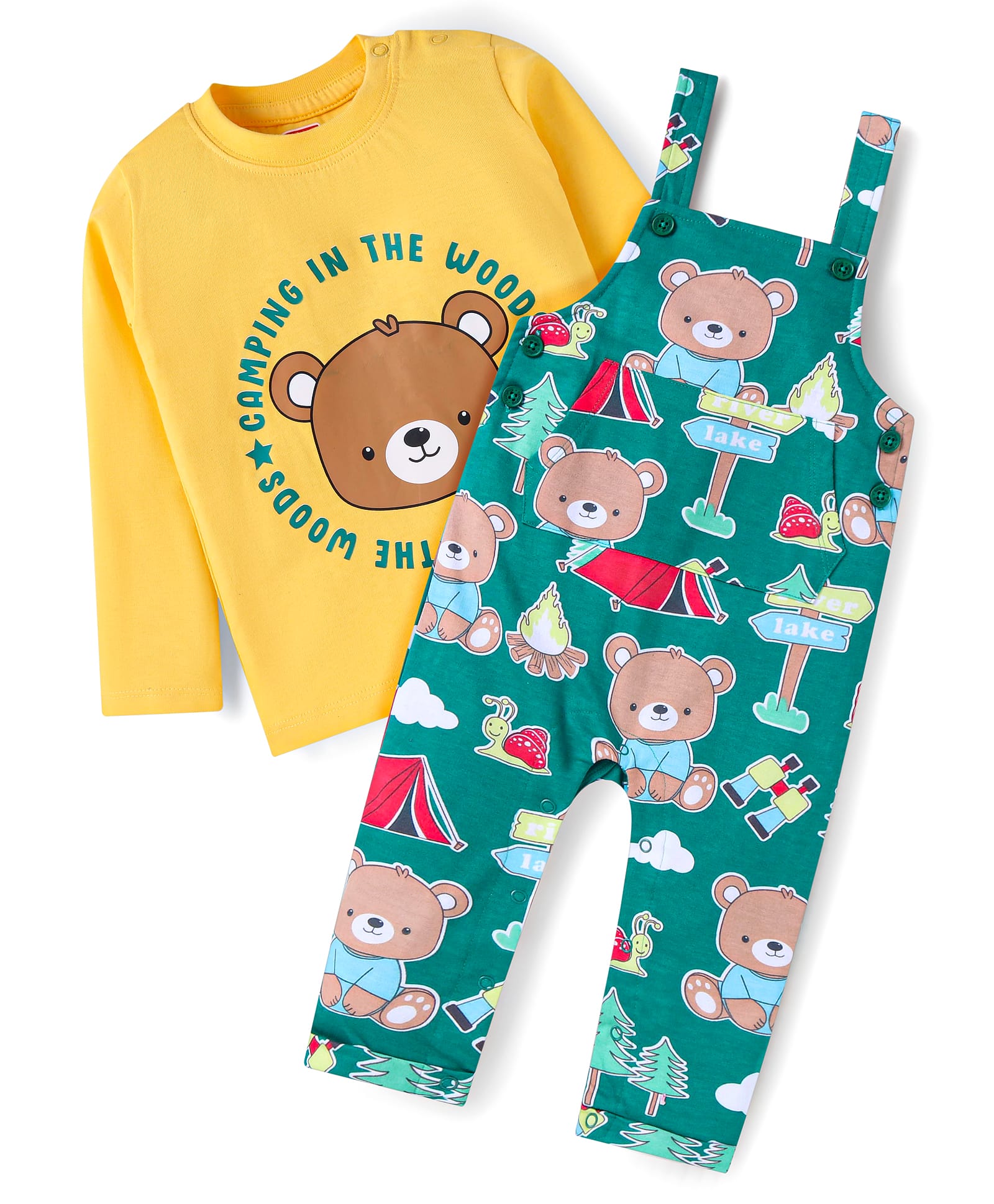 Babyhug Single Jersey Knit Full Sleeves Bear Printed T-Shirt & Dungaree Set - Yellow & Green