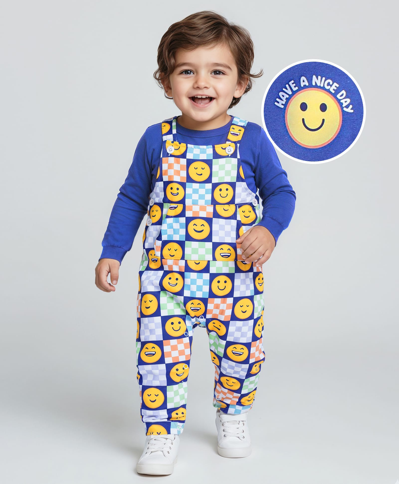 babyhug single jersey knit dungaree with full sleeves inner t-shirt emoji print - navy blue