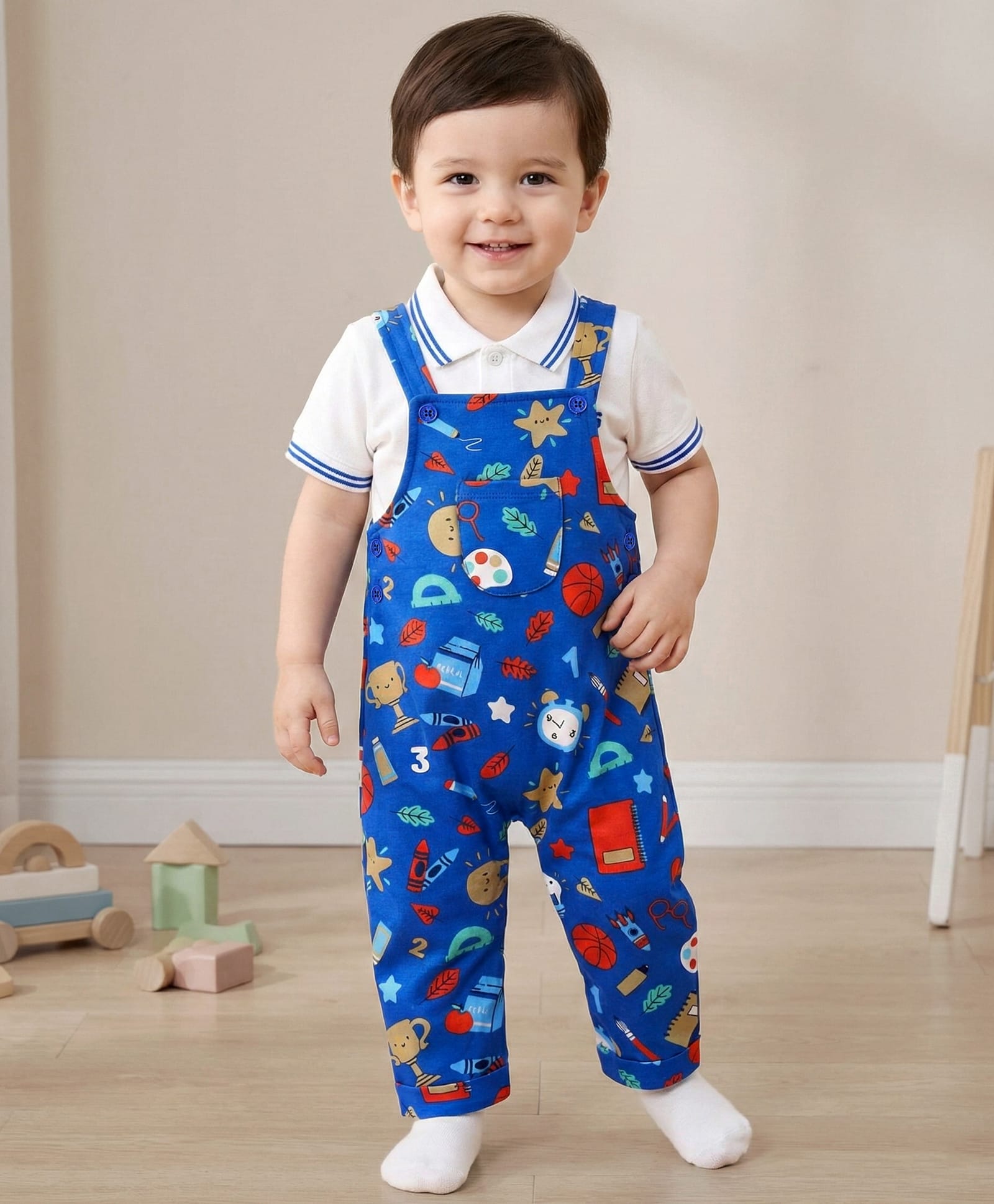 Babyhug Single Jersey Knit Printed Dungaree & Half Sleeves Polo T-Shirt - White & Blue-image-1