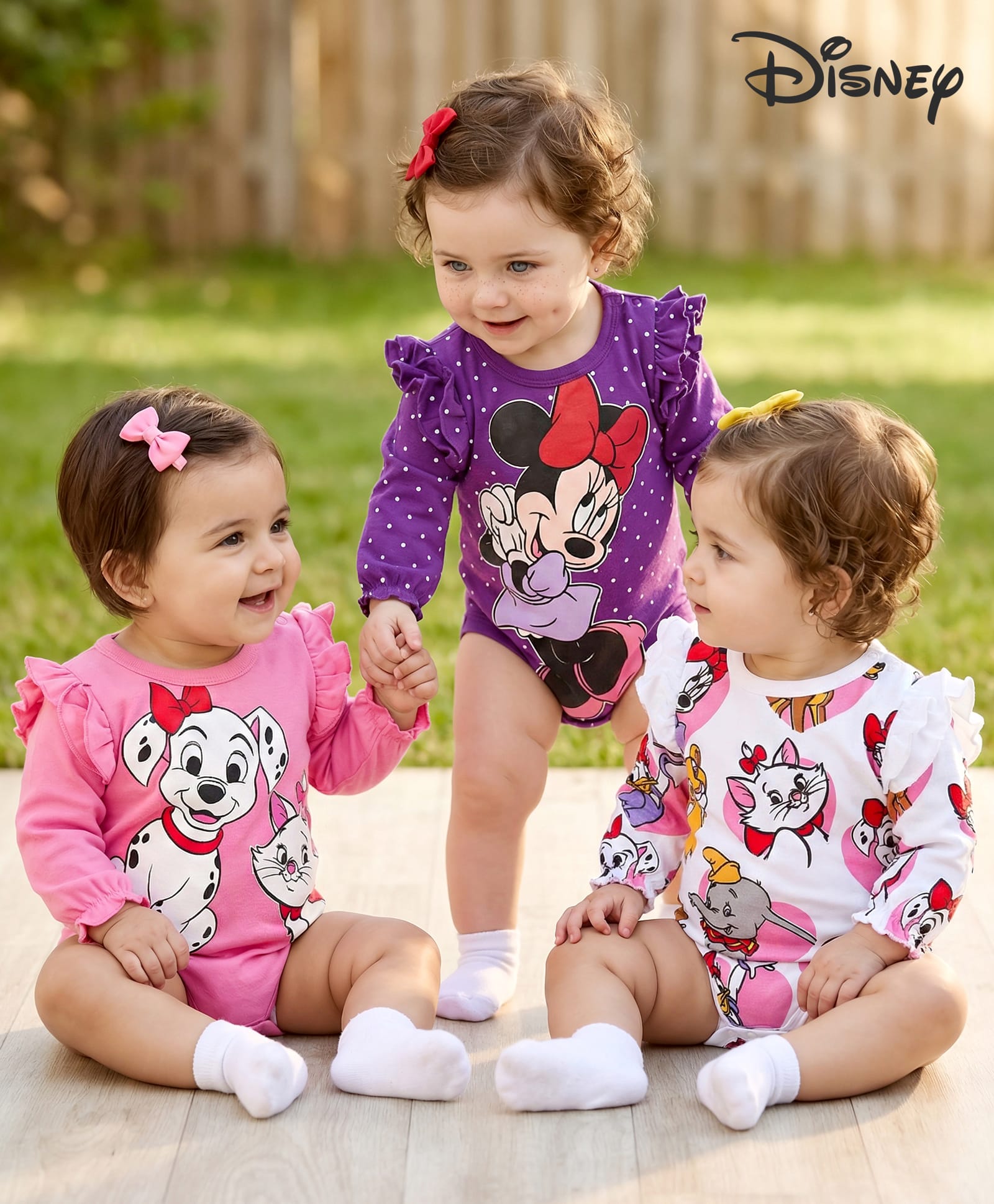 Babyhug Disney Interlock Knit Full Sleeves Onesies with Frill Detailing Marie 101 Dalmatians & Minnie Mouse Print Pack of 3 - Purple Pink & White-image-45