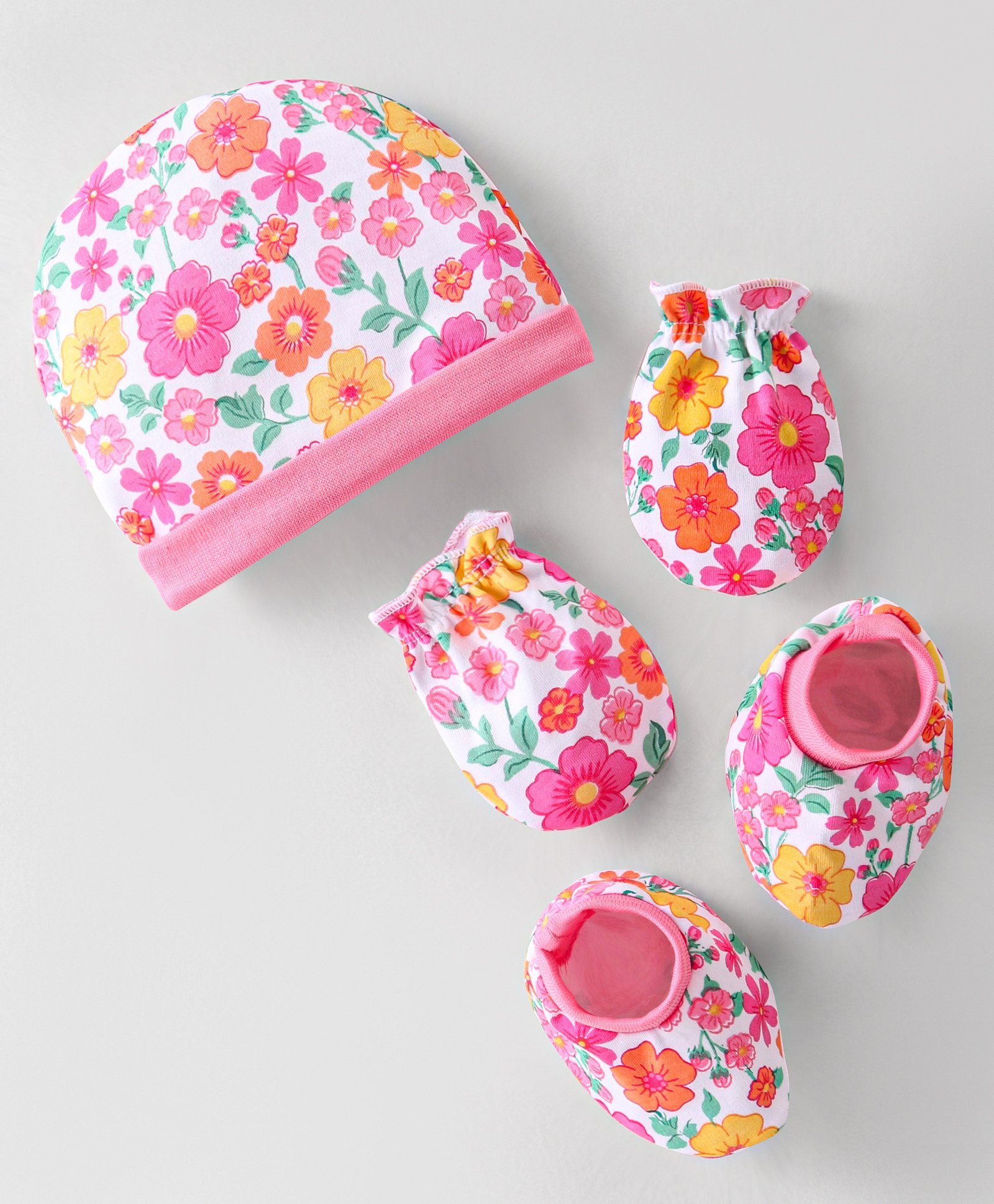 Babyhug 100% Cotton Knit Floral Printed Cap Mittens & Booties Set - Multicolour-picture-19