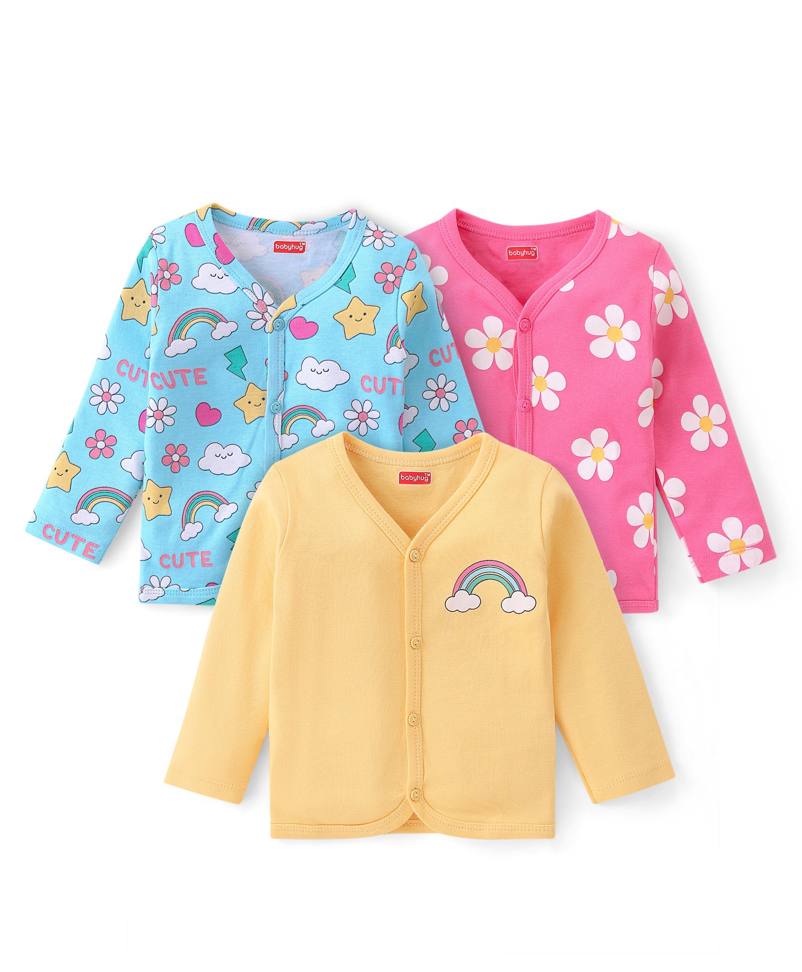 Babyhug 100% Interlock Cotton Knit Full Sleeves Front Open Antibacterial Vests with Rainbow & Floral Print Pack of 3 - Yellow Pink & Blue-picture-22