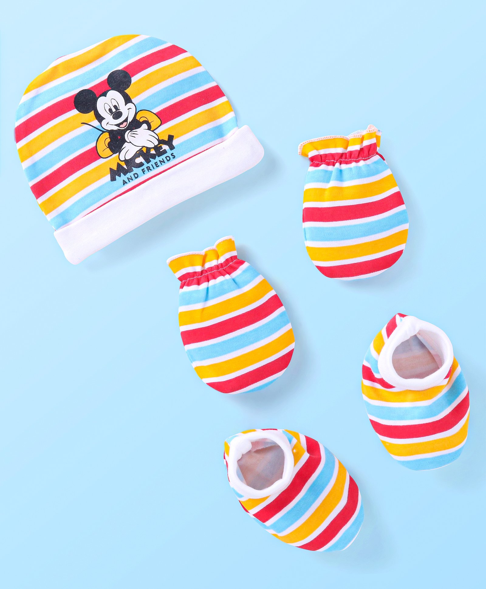 Babyhug Disney Interlock Caps Mittens & Booties Set Mickey Mouse & Strips Print White & Red - Dimension 10 cm-image-44