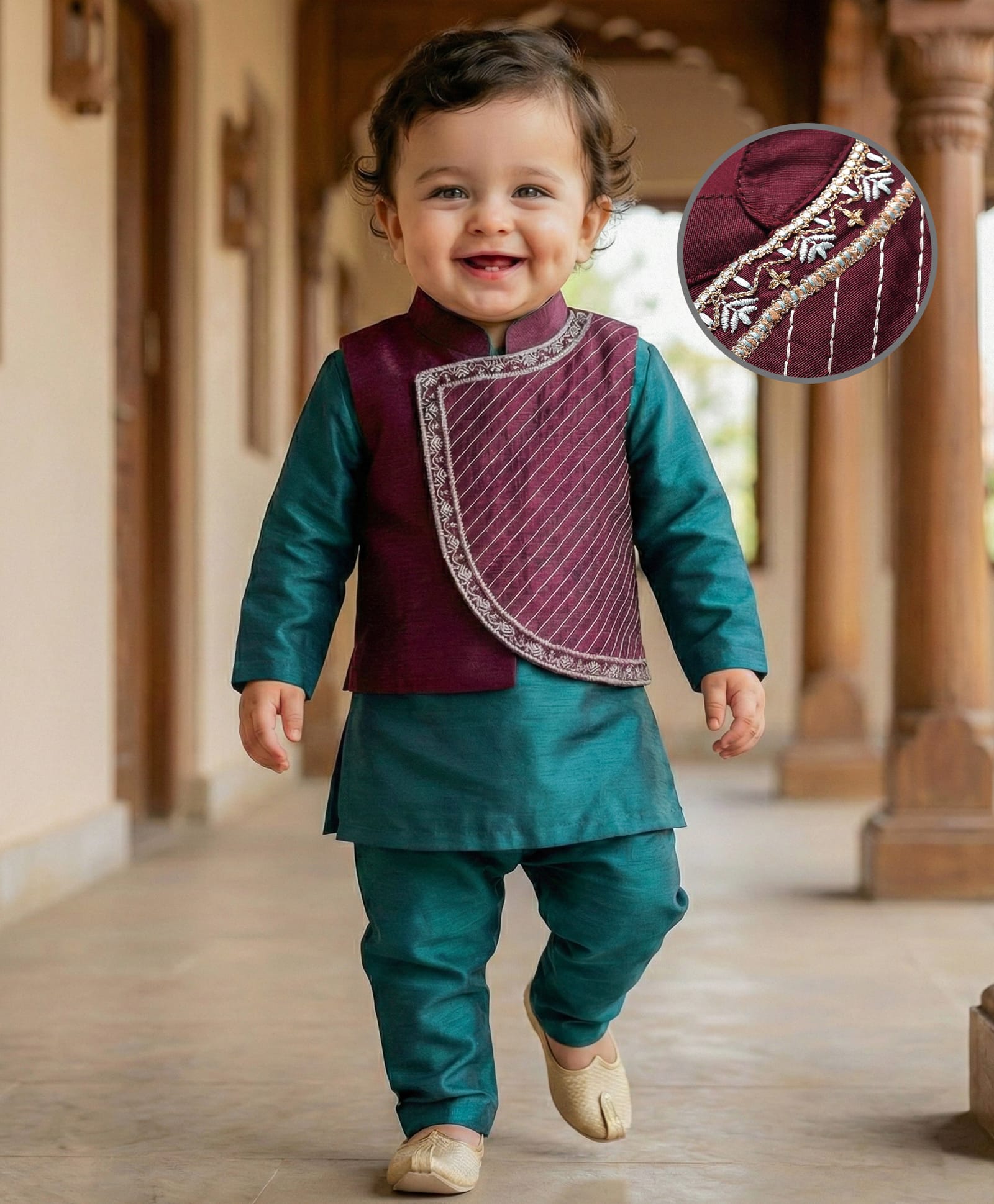 Babyoye Woven Full Sleeves Kurta & Pajama Set with Embroidered Jacket - Teal Blue-image-38