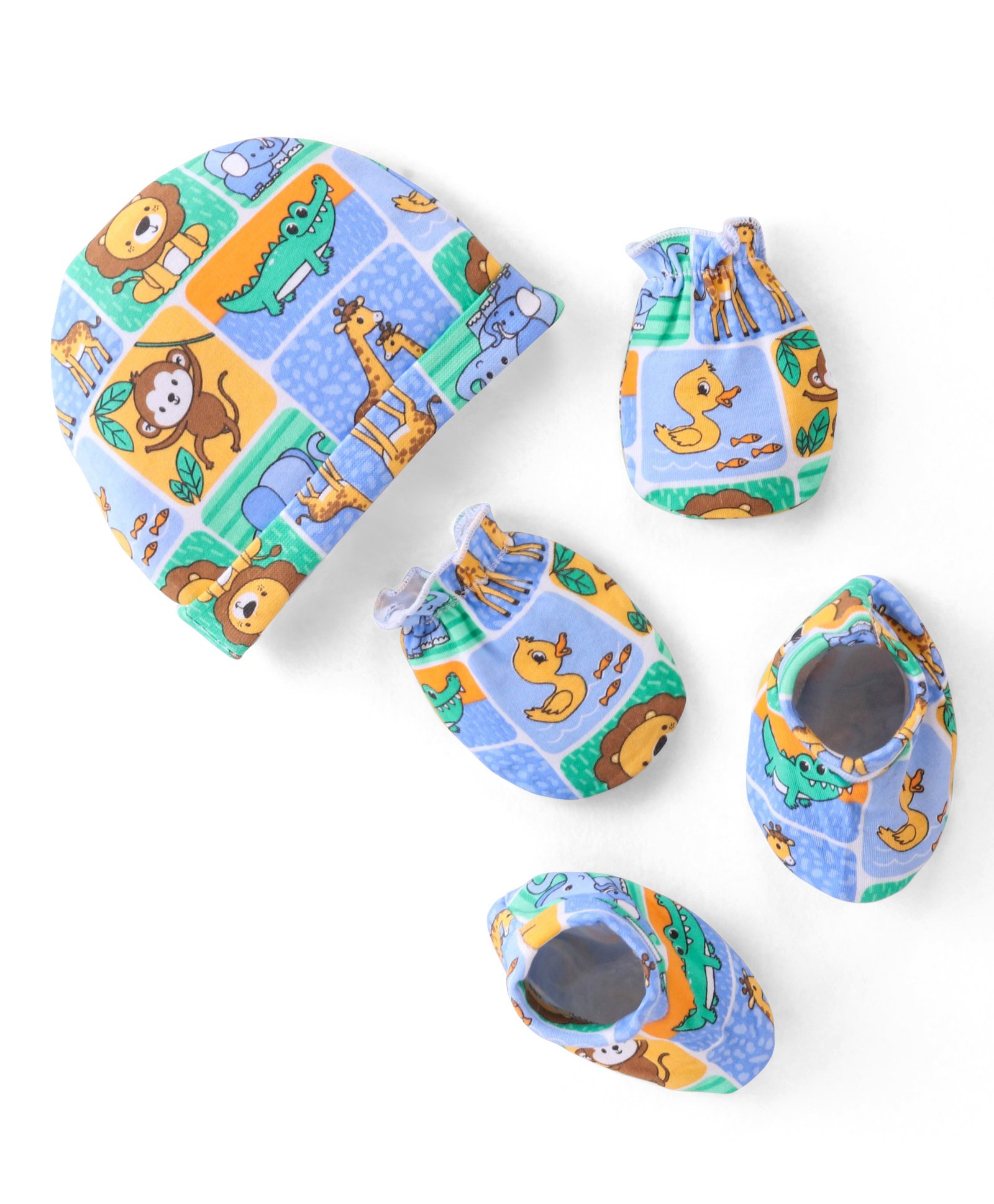 Babyhug 100% Cotton Interlock Knit Animal Printed Cap Mittens & Booties Set - Blue-image-44