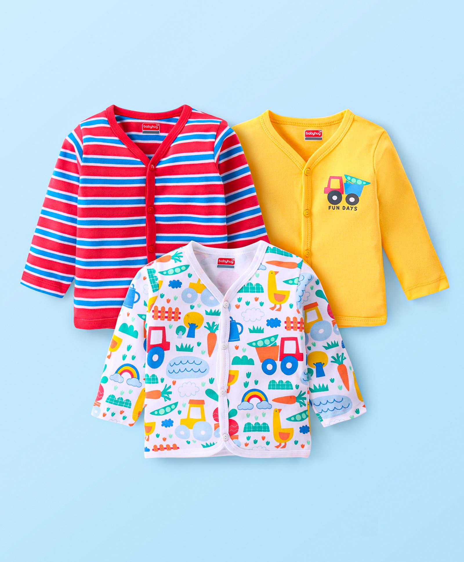 Babyhug 100% Cotton Full Sleeves Front Open Vests Vehicle Print Pack of 3 - Red White & Yellow-picture-16