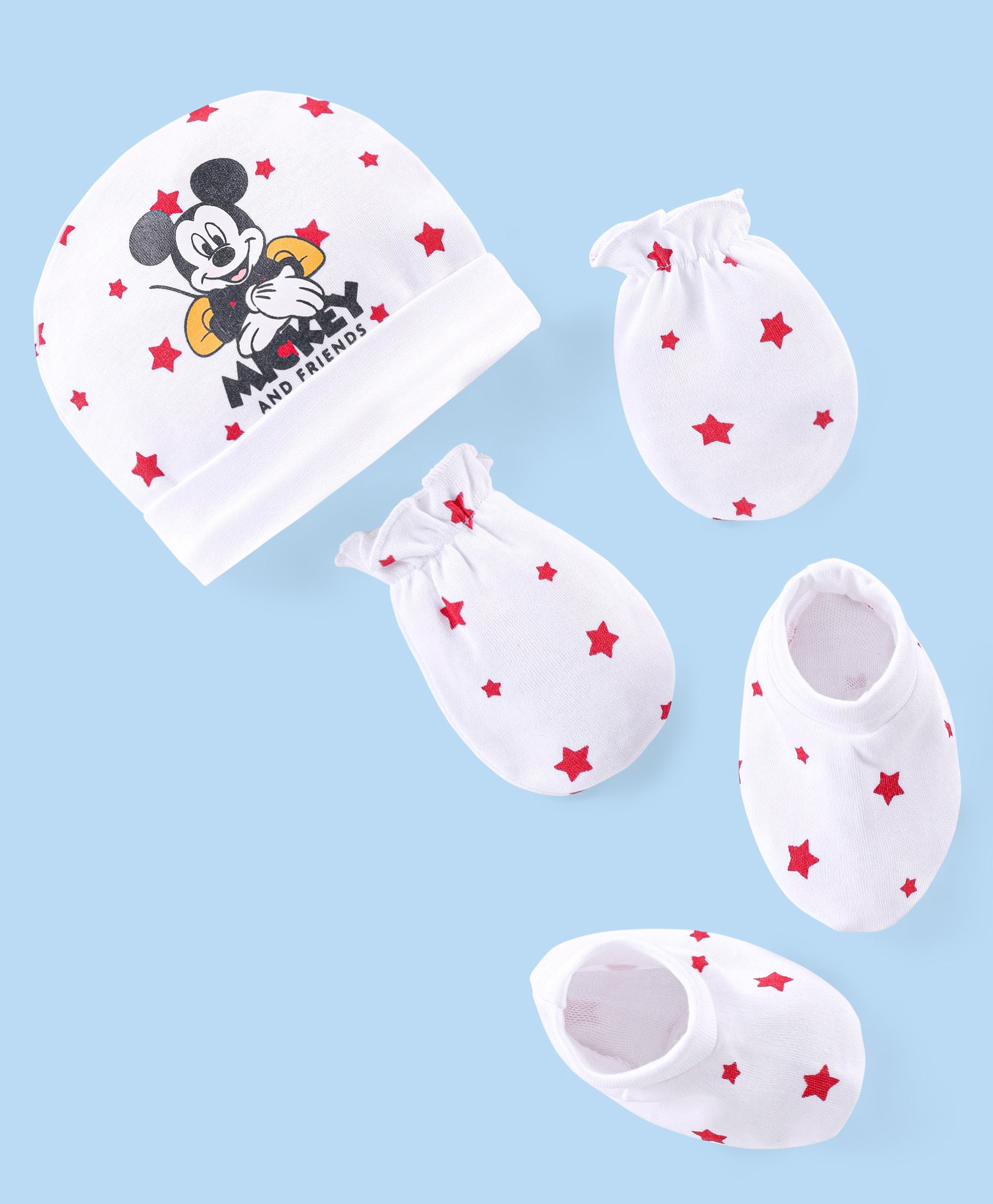 babyhug disney interlock knit cap mittens & booties set with star & mickey mouse print - white