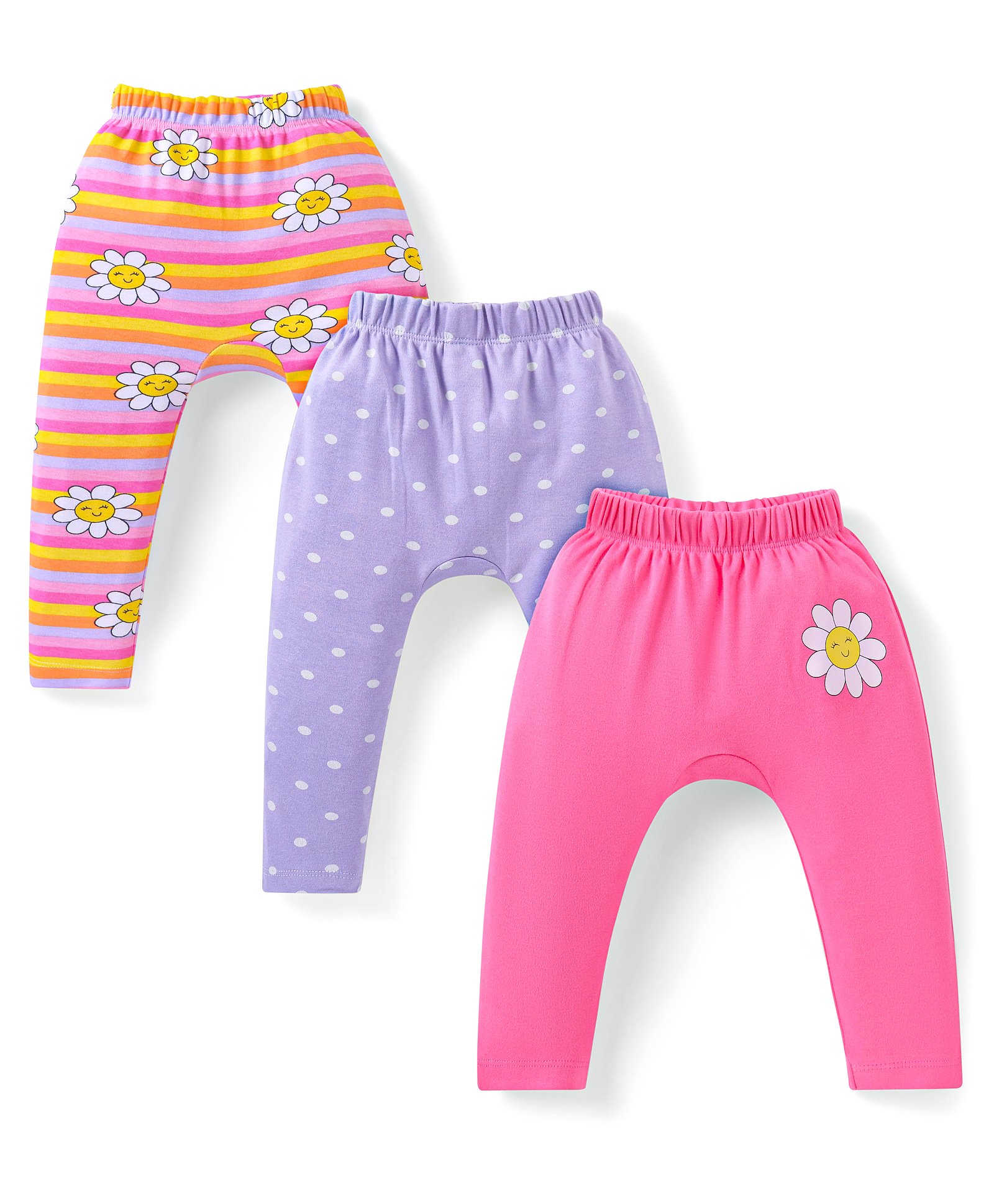 Babyhug Cotton Knit Full Length Diaper Leggings With Floral & Polka Dots Print Pack Of 3 - Pink Yellow & Lilac-image-29