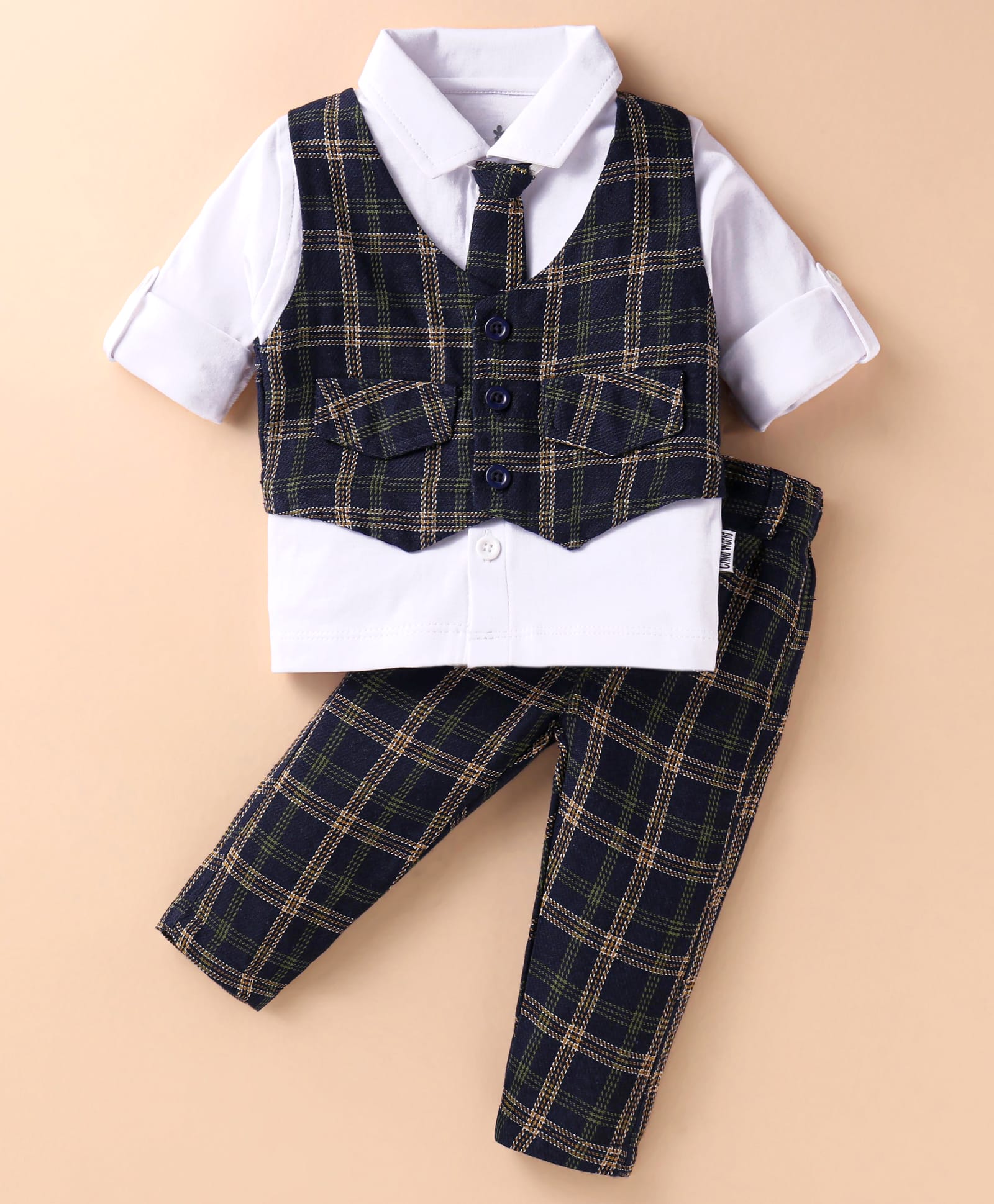 Child World Cotton Knit Full Sleeves Checkered 3 Piece Party Suit With Tie - Navy Blue-image-49