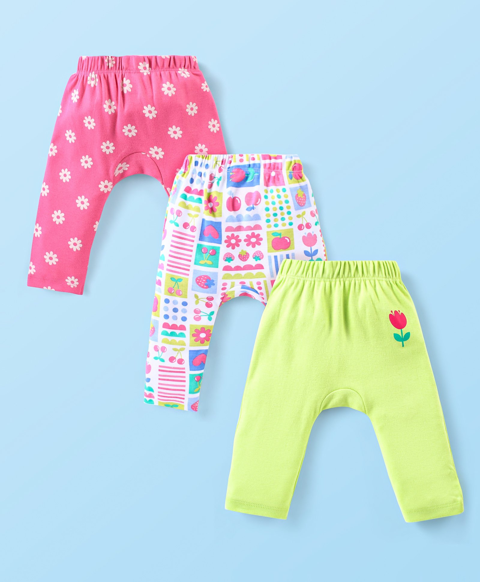 Babyhug Interlock Full Length Comfort Fit Diaper Leggings Floral Print Pack of 3 - Dark Pink White & Light Green-image-8