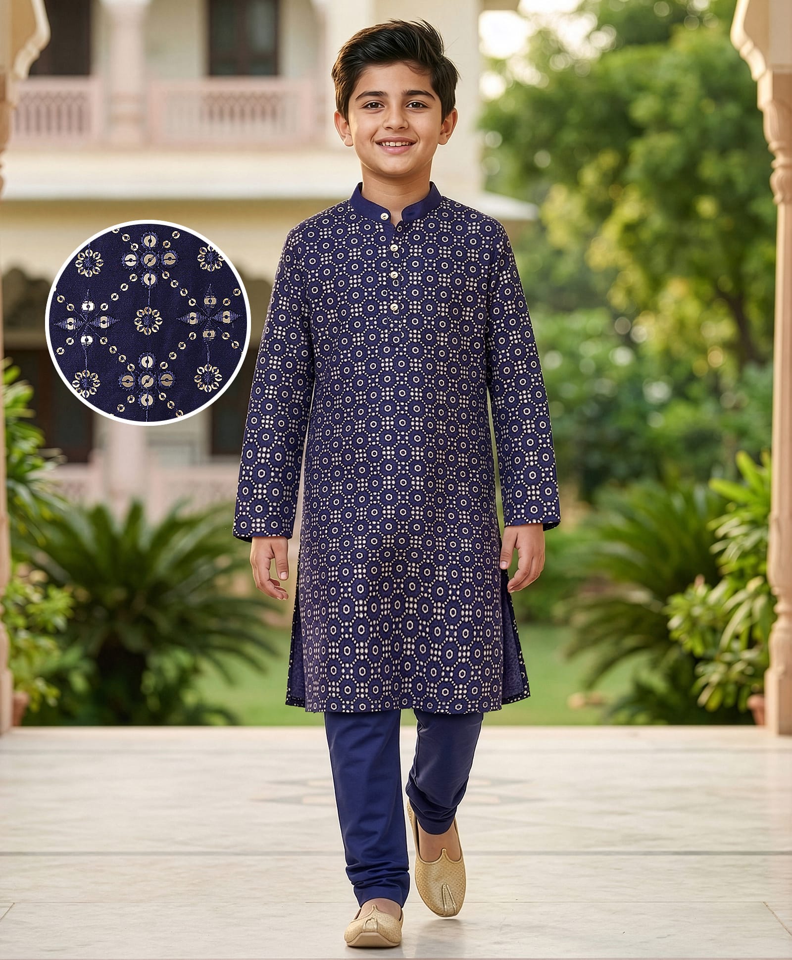 Earthy Touch Woven Full Sleeves Kurta Pyjama Set with Embroidered Sequins - Navy Blue-picture-23