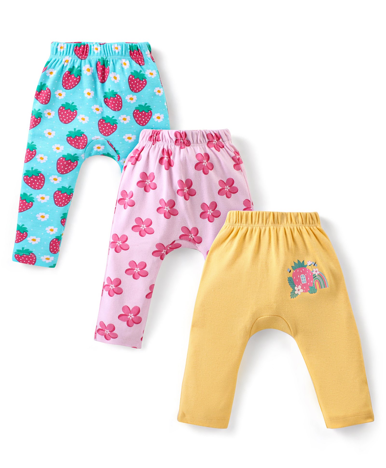Babyhug Interlock Full Length Comfort Fit Diaper Leggings Floral & Strawberry Print Pack of 3 - Light Blue Light Pink & Yellow-image-14