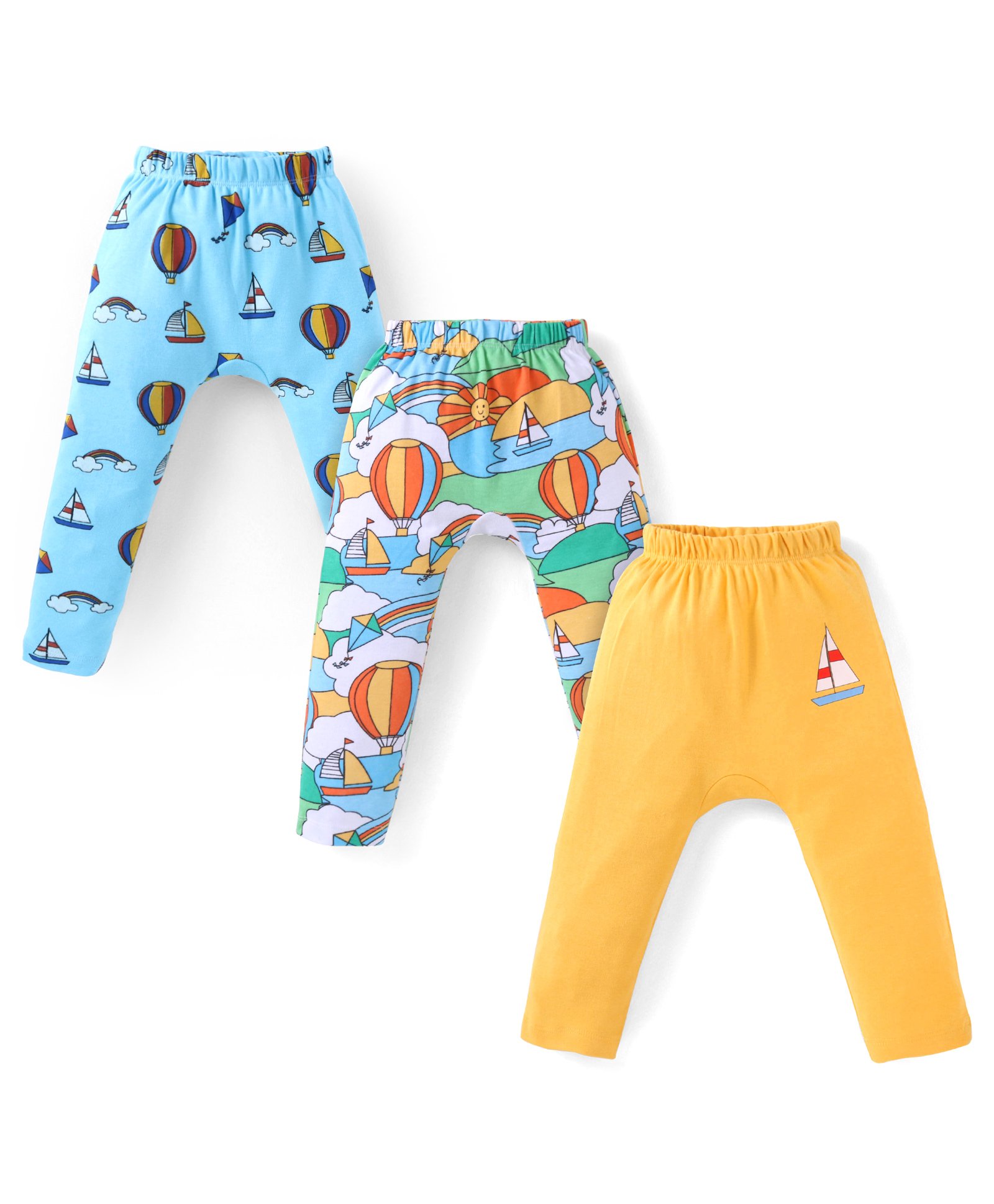 Babyhug Cotton Knit Full Length Diaper Leggings With Sailboats & Hot Air Balloons Print Pack Of 3 - Aqua Mustard & Sea Green