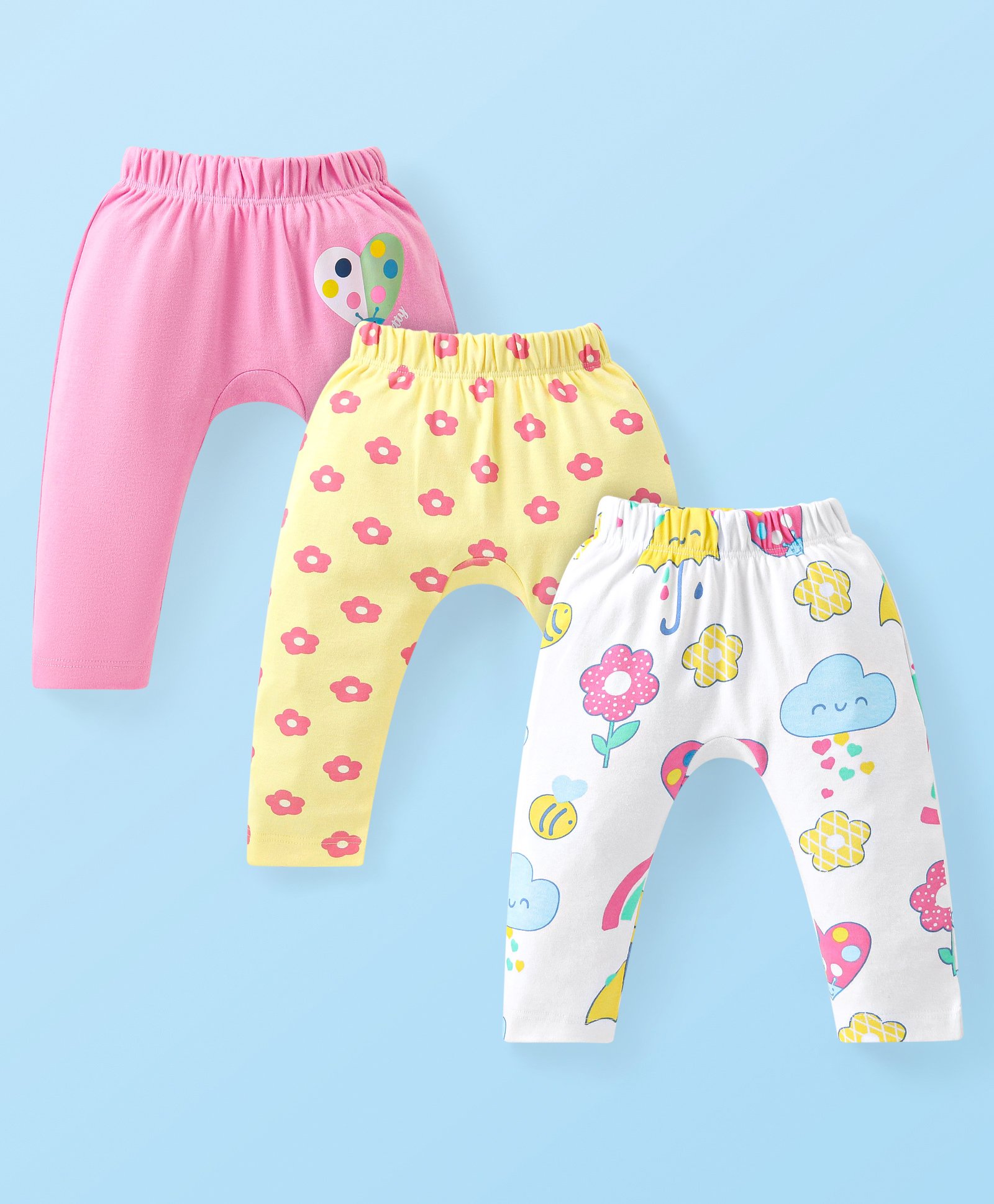 Babyhug Interlock Knit Full Length Diaper Leggings With Hearts & Floral Print Pack Of 3 - Yellow White & Pink-picture-23