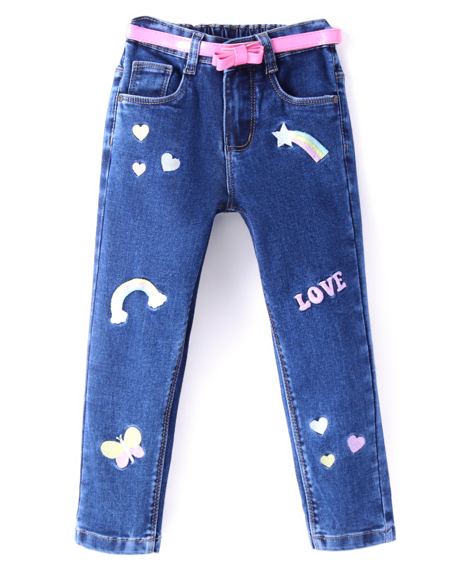 Babyhug Denim Washed Full Length Jeans with Stretch Heart print & Text Embroidered - Blue-image-15