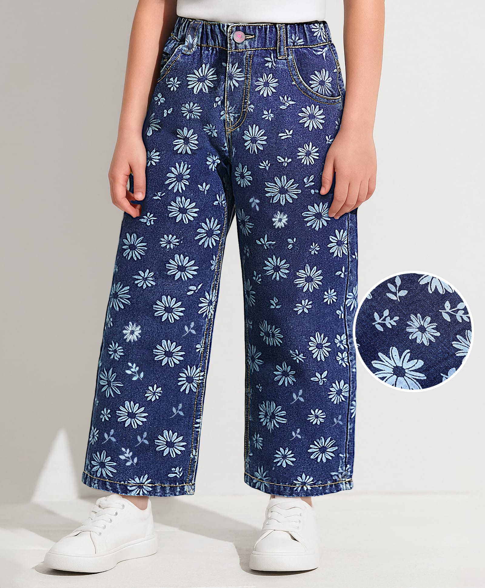 Babyhug Denim Full Length Stretch Jeans With Floral Print - Blue-image-10