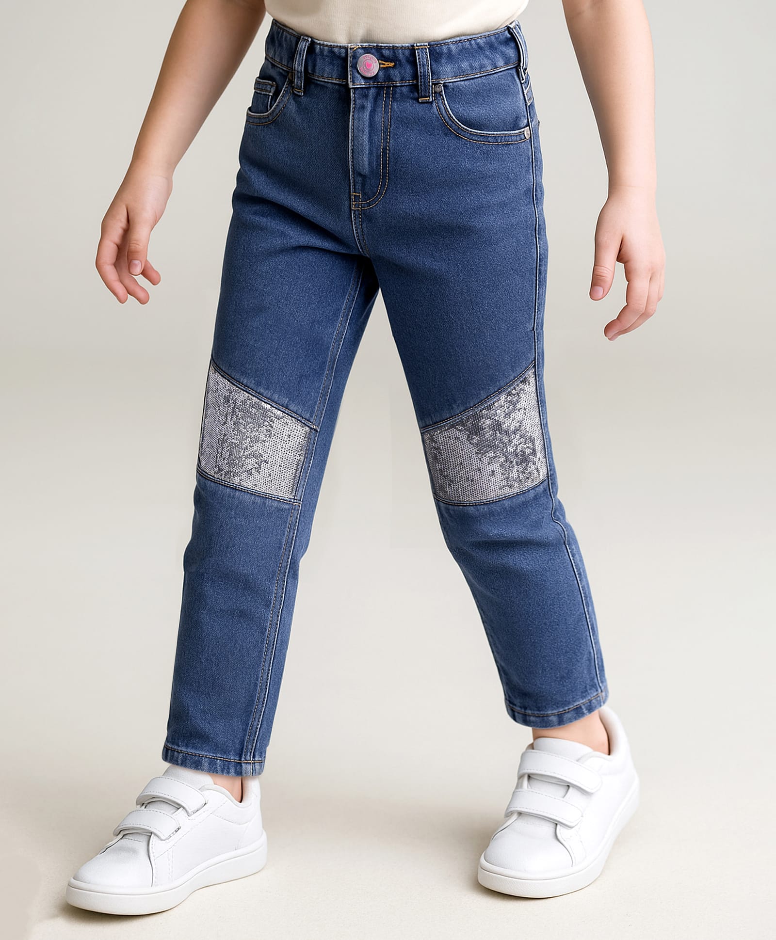 Babyhug Full Length Washed Denim Jeans With Reversible Sequins - Blue-image-44