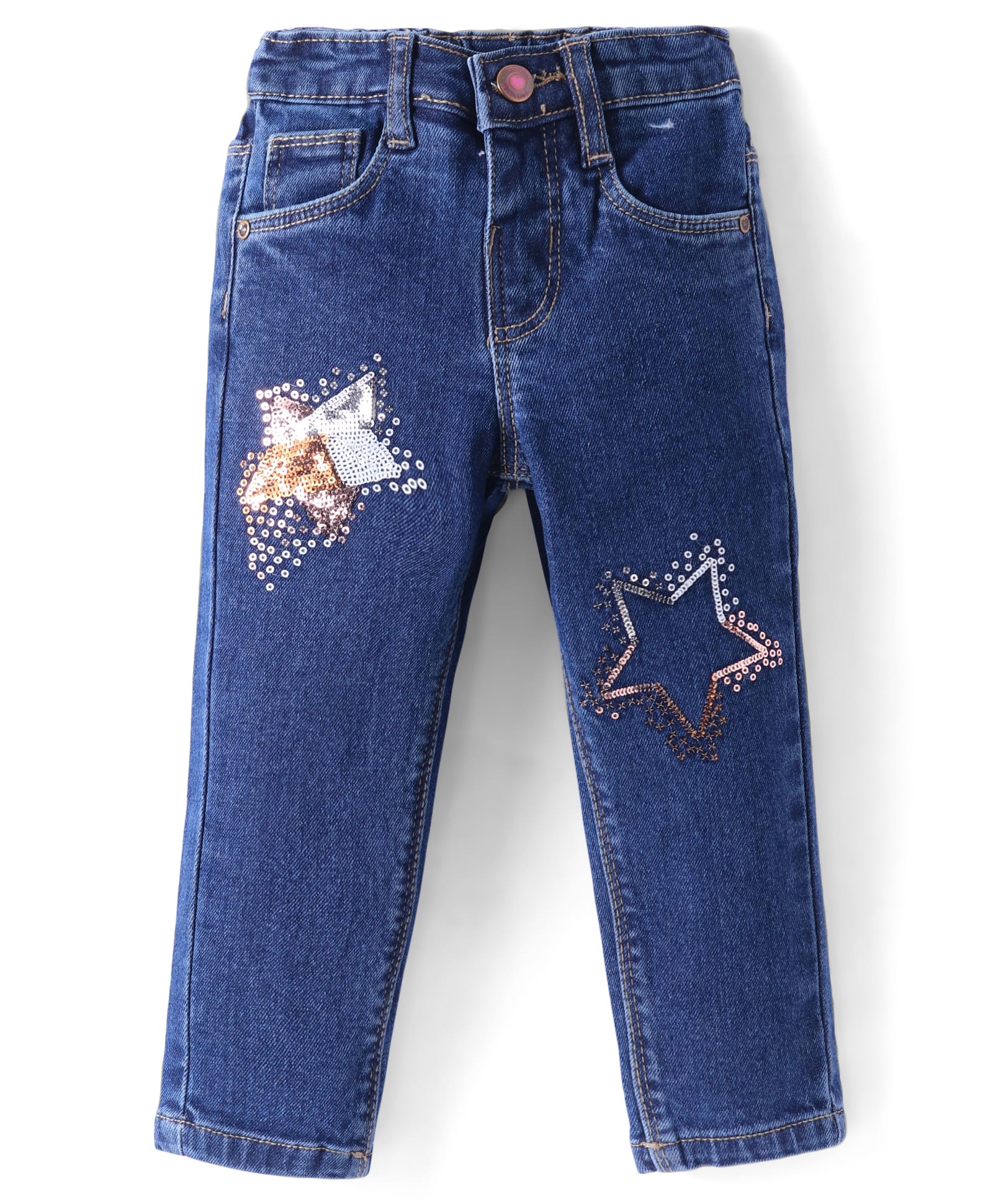 Babyhug Full Length Washed Denim Jeans With Sequin Detailing & Stretch - Blue-picture-25