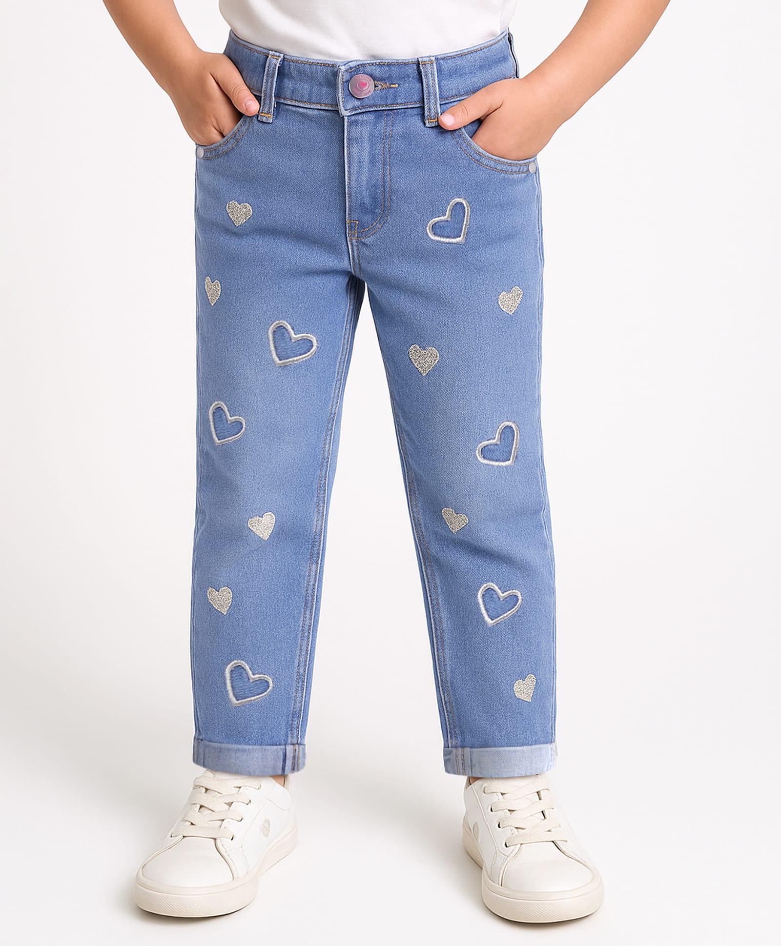 Babyhug Full Length Washed Denim Jeans with Hearts Embroidery & Stretch - Blue-picture-14
