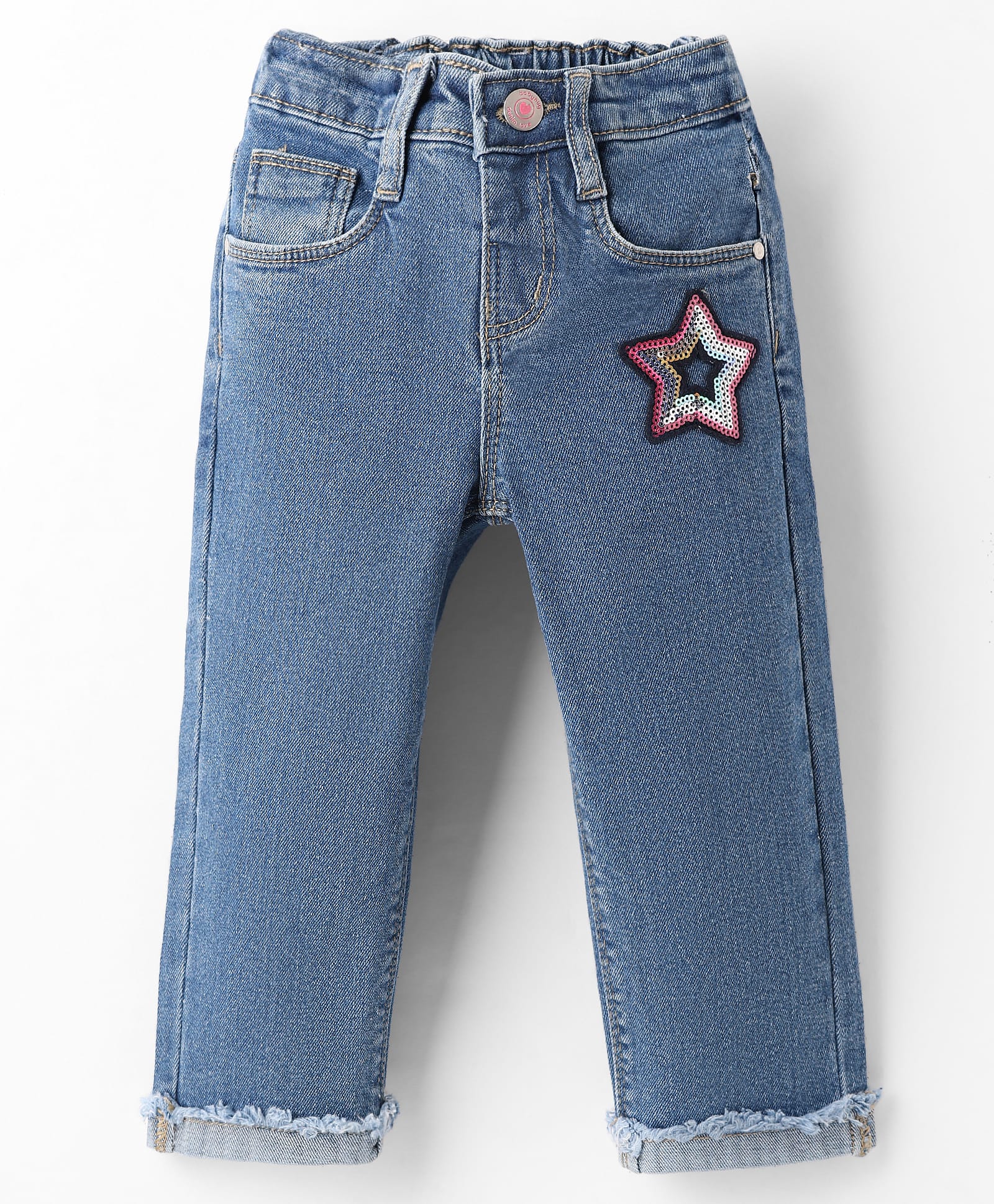 Babyhug Full Length Washed Denim Jeans With Sequin Detailing & Stretch - Blue-picture-25