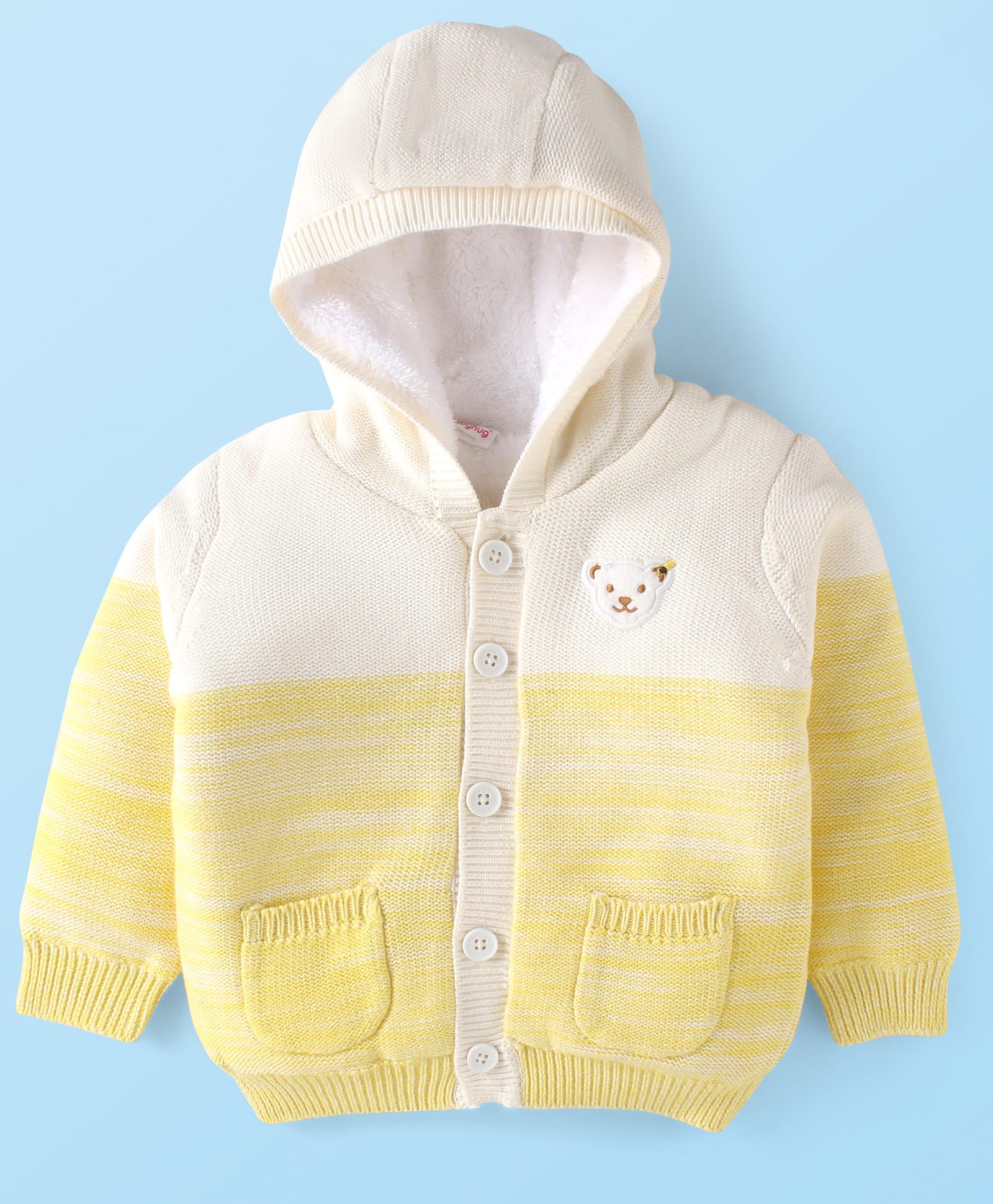 Babyhug Knitted Full Sleeves Hooded Front Open Sweater With Animal Patch - White-picture-11