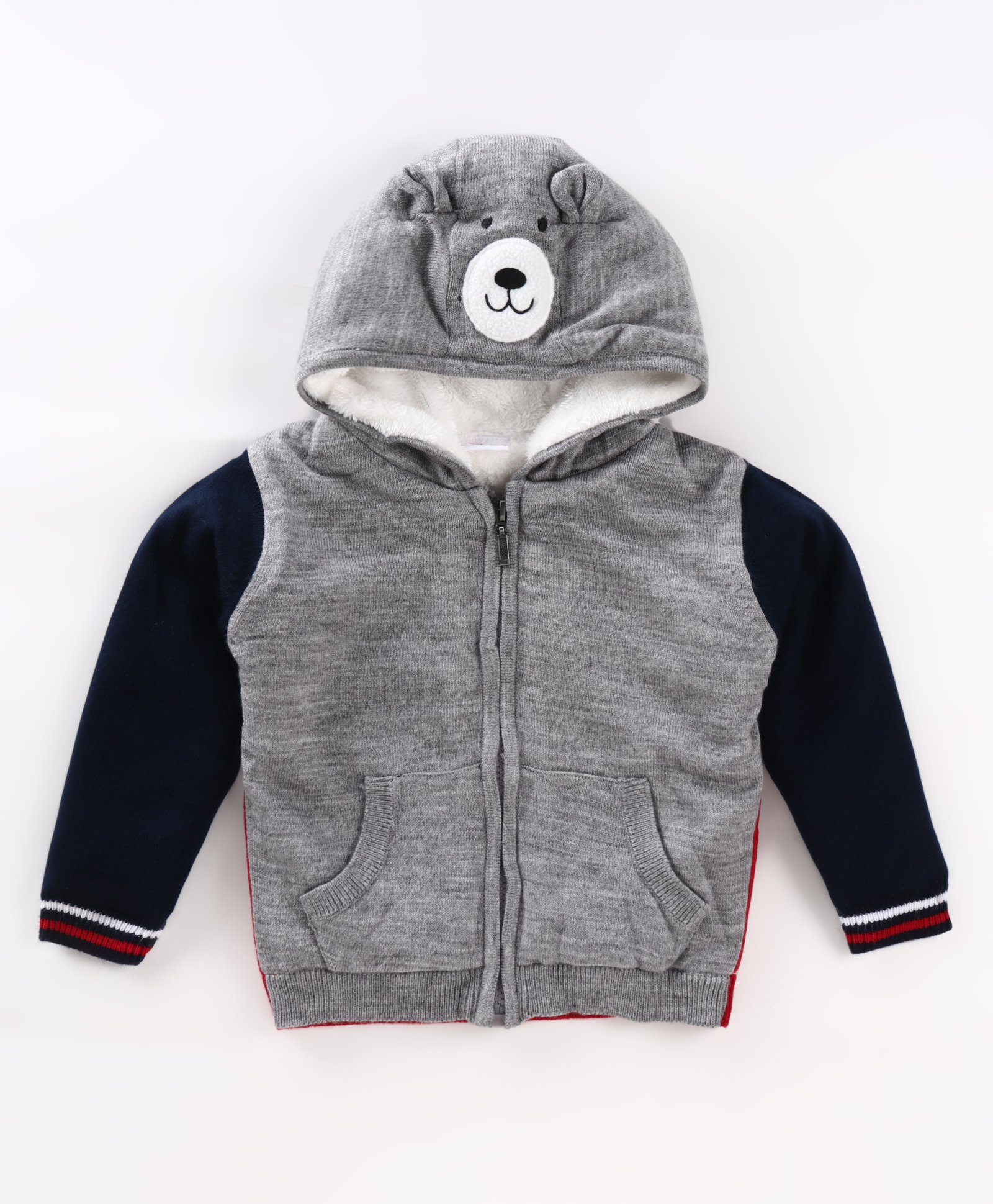 Babyhug Knitted Full Sleeves Front Open Hooded Sweater With Dino Applique - Charcoal Grey-image-21